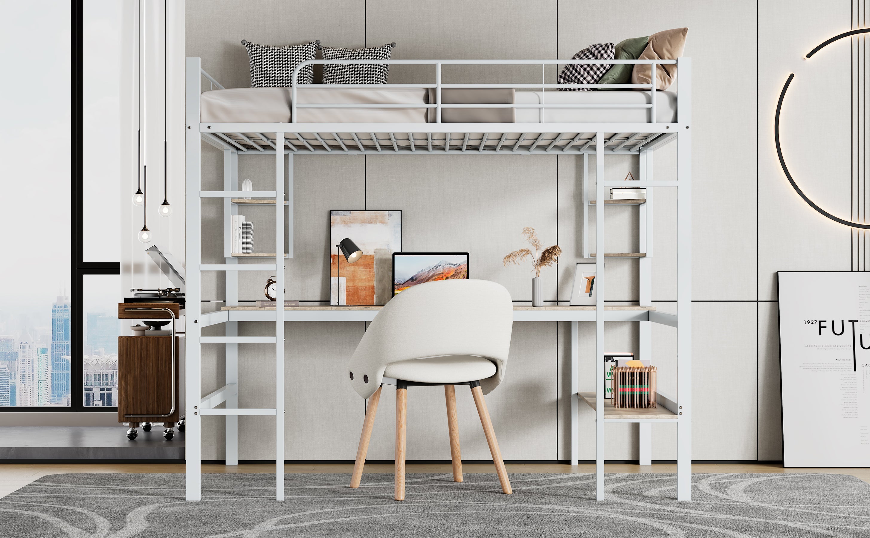 Logidon 90x200cm metal bed loft bed with desk and shelves white