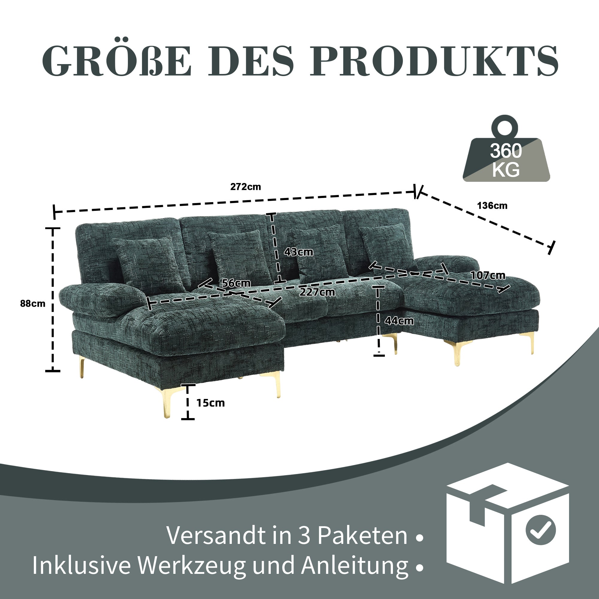Logidon U-vormige zitbank Grote hoekbank fluweel smaragdgroen