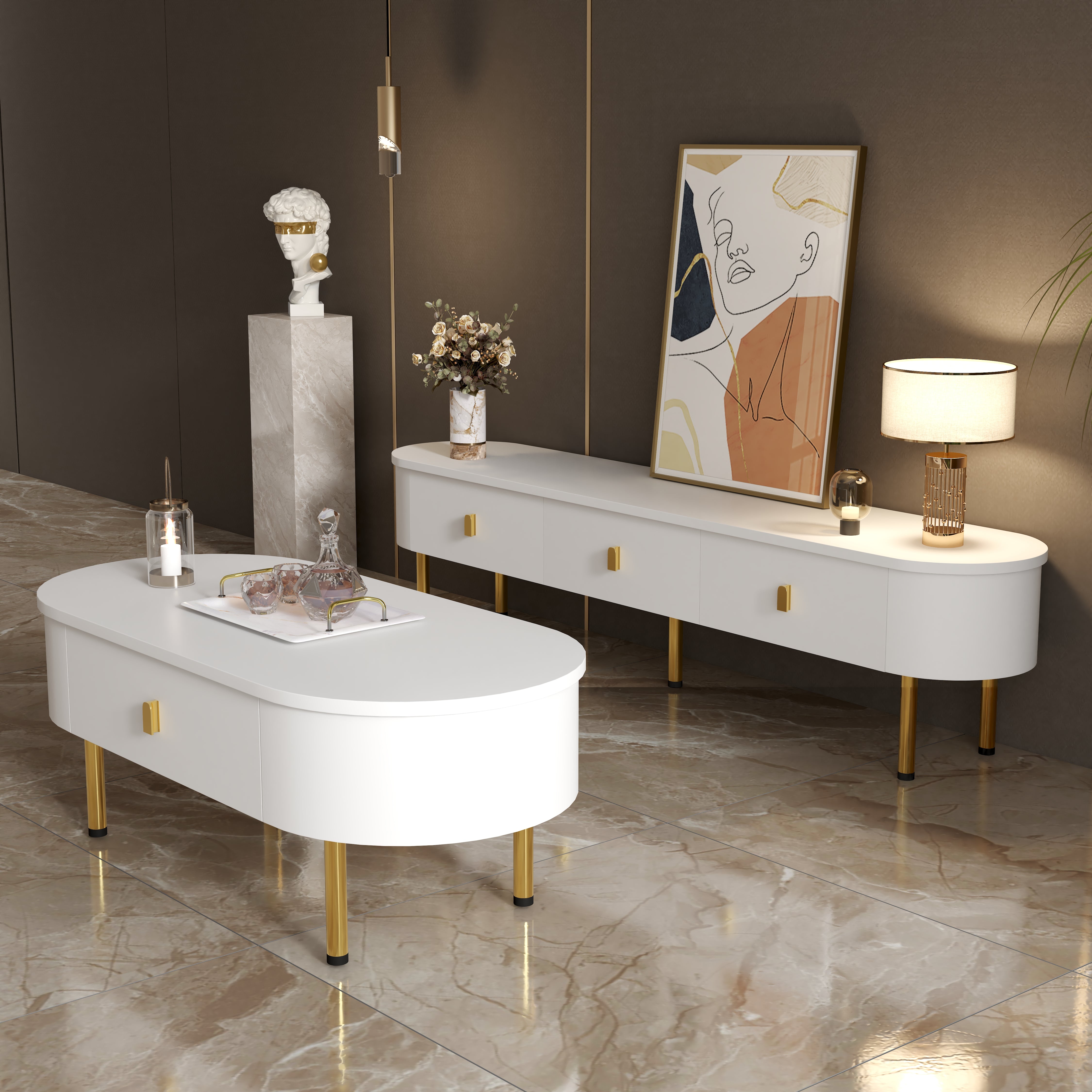 Logidon lowboard TV furniture 174 cm white glossy with golden handles