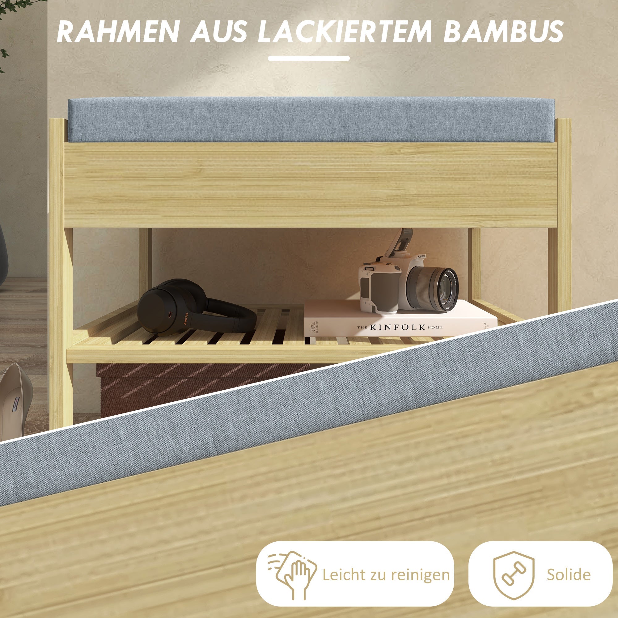 Logidon schoenenbank naturel bamboe 2 niveaus met lade voor 4 paar schoenen