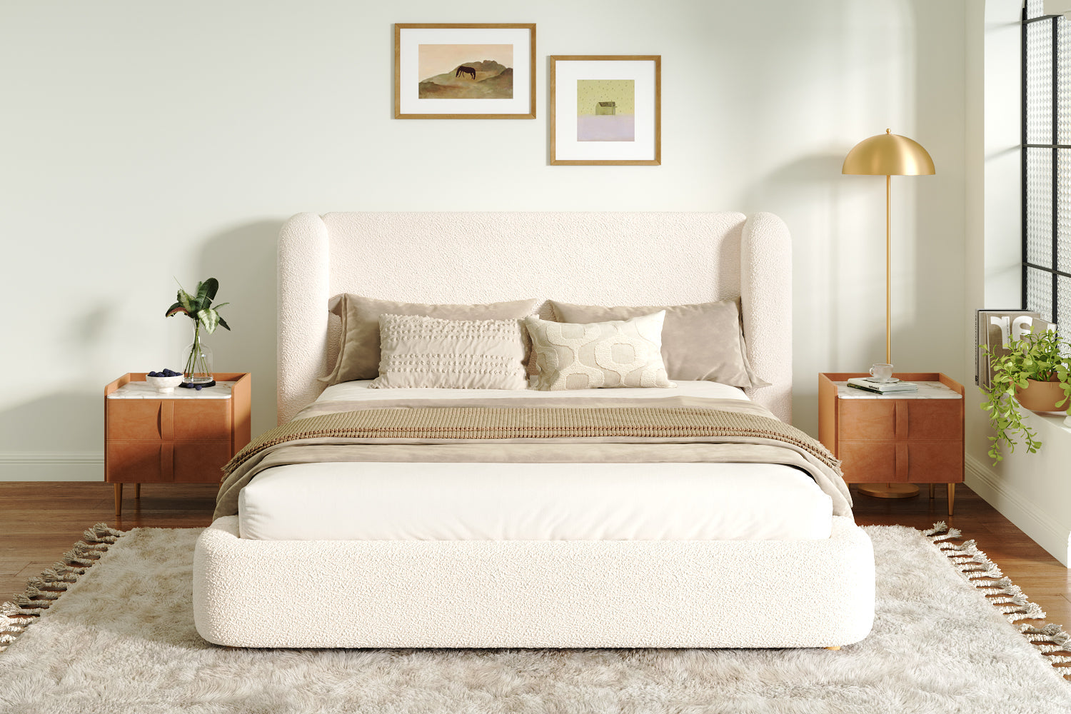 Logidon gestoffeerd bed tweepersoonsbed 160x200 beige bouclé met opbergruimte