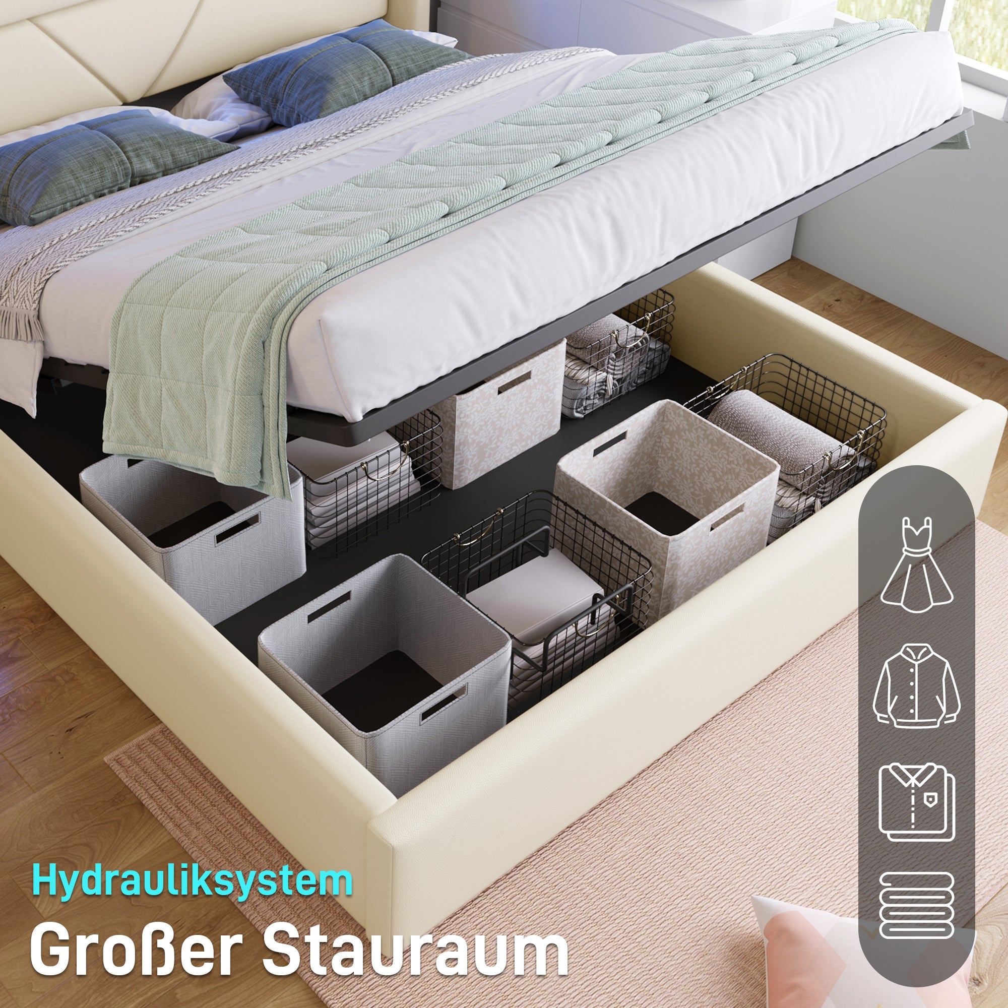 Logidon Hydraulisch Opbergbed 160x200 cm Wit Met LED Verlichting