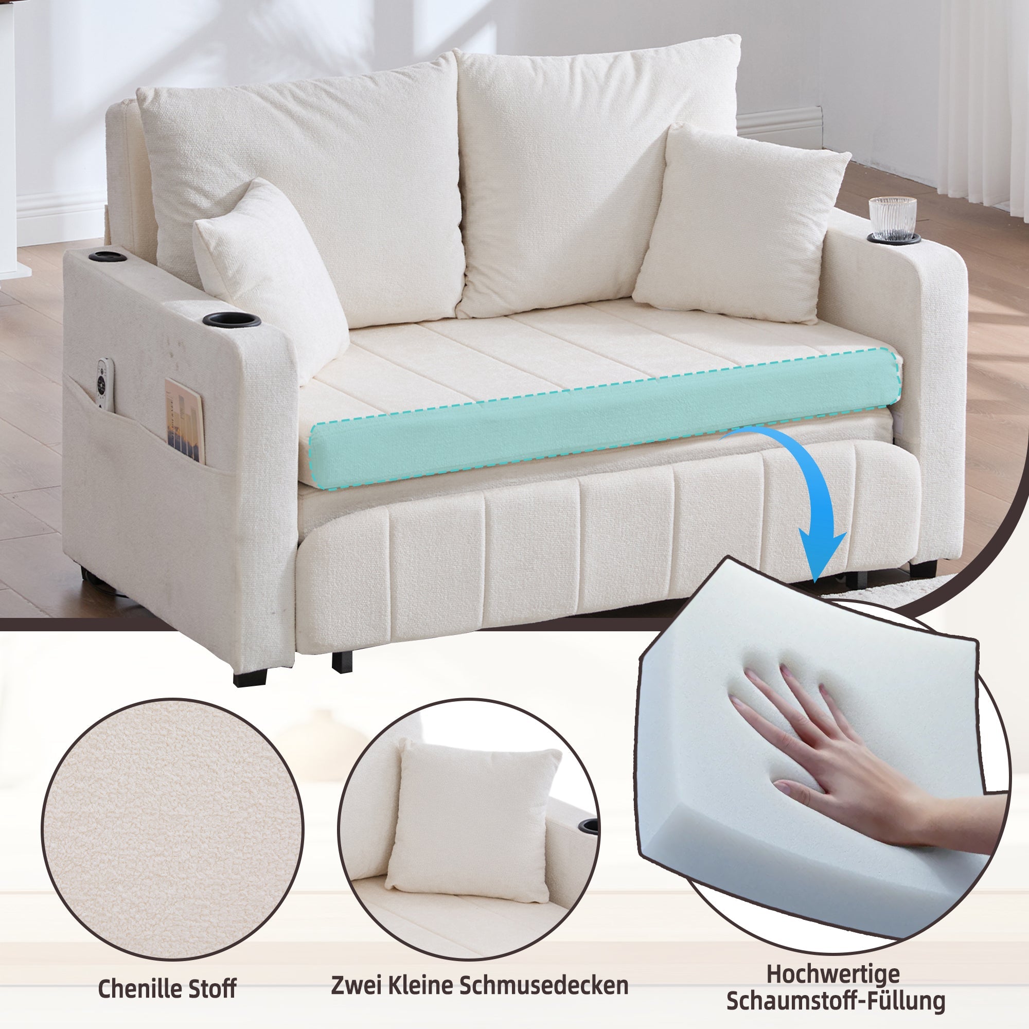 Logidon Beige Fluweel Multifunctionele Stoffen Bank Uitschuifbaar USB