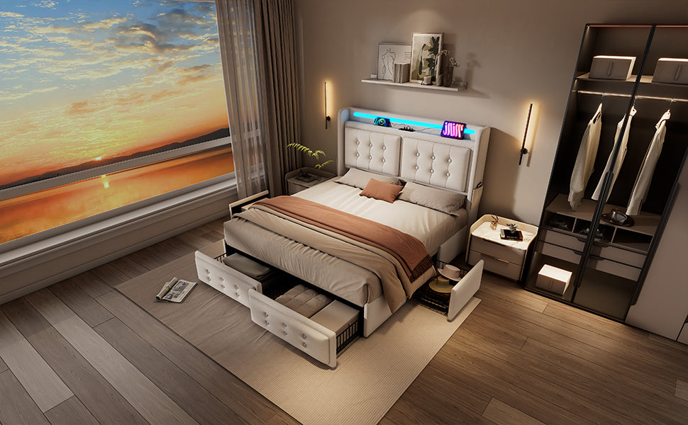 Logidon gestoffeerd bed 160x200 beige LED-hoofdbord USB-C oplaadfunctie
