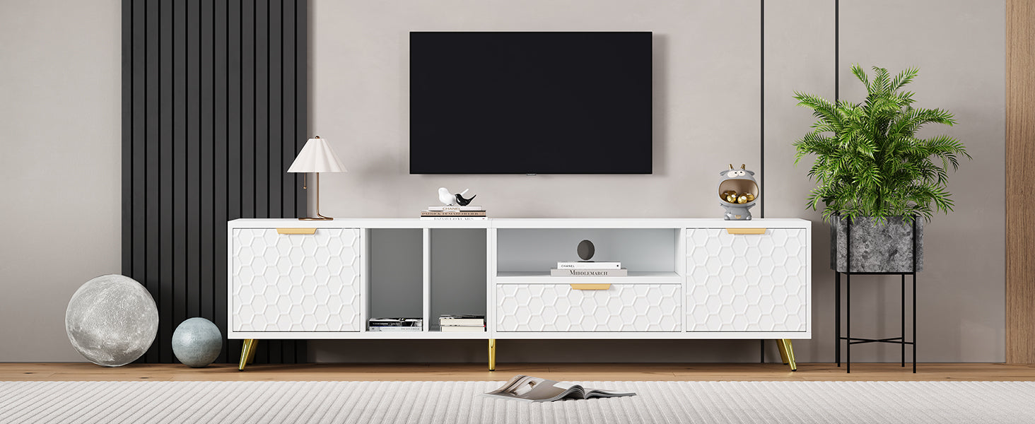 Logidon White TV Stand with Honeycomb Pattern and Storage Space for up to 80 Inches