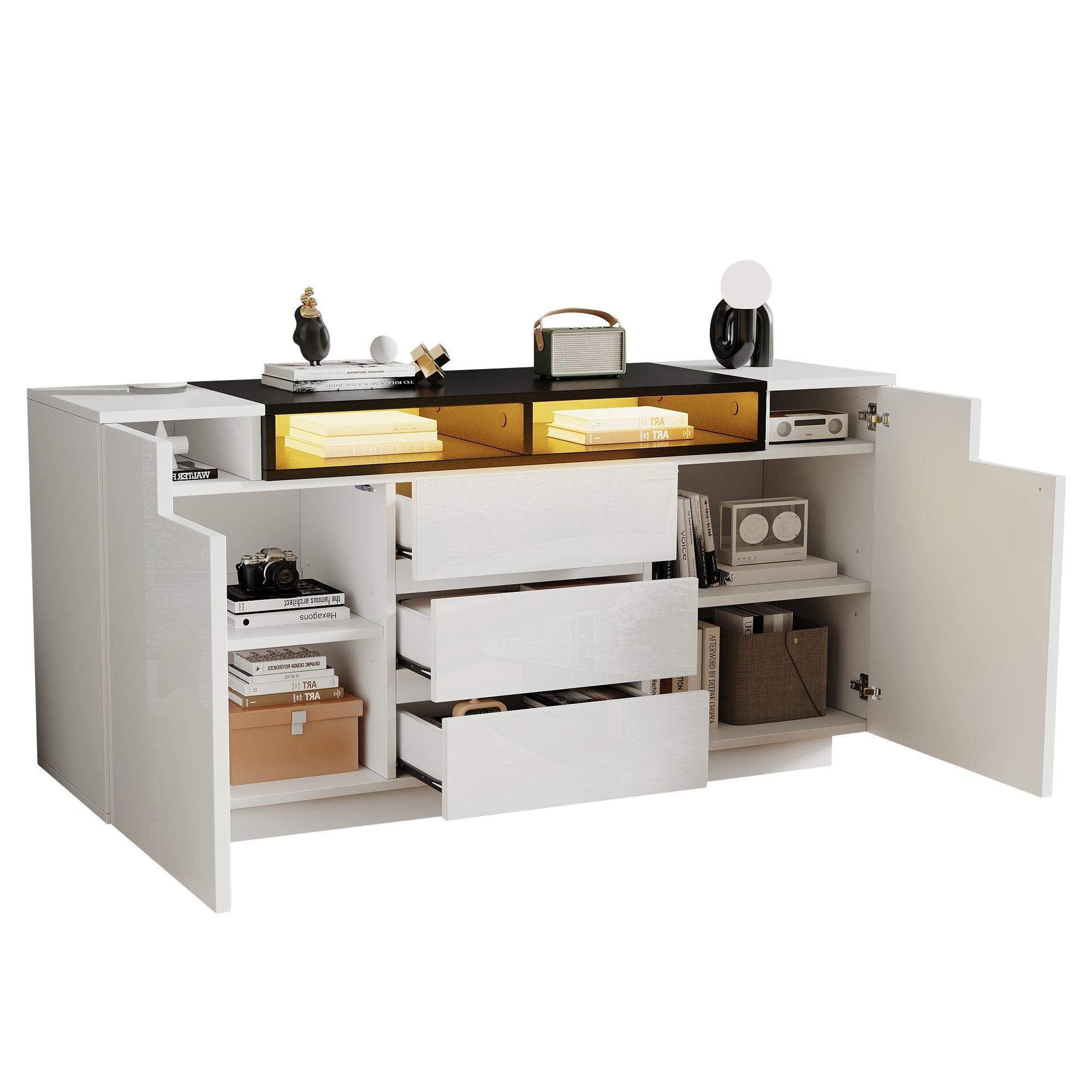 Logidon wit hoogglans dressoir 140 cm met LED, 2 deuren, 3 lades