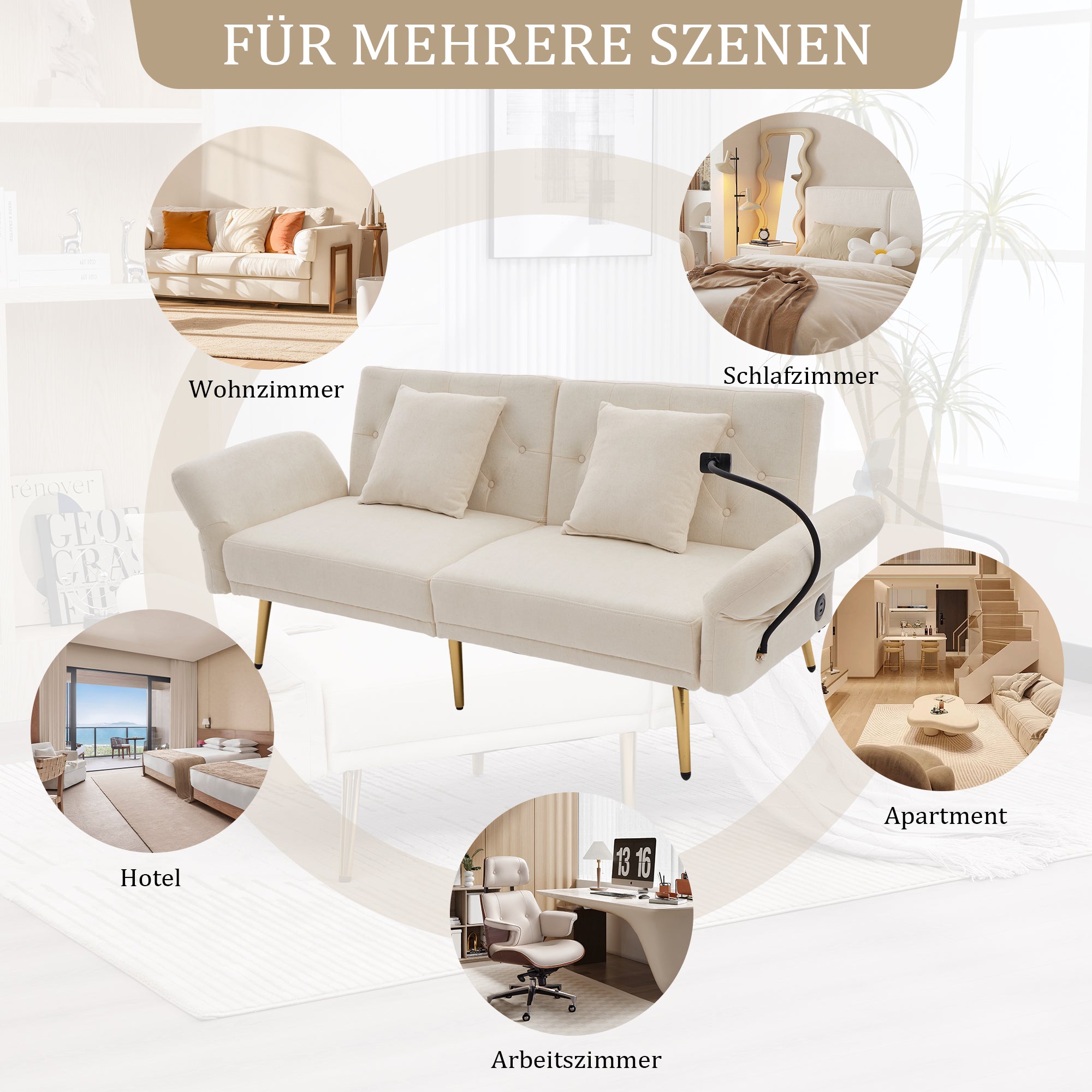 Logidon slaapbank tweezits beige fluweel met verstelbare rugleuning USB