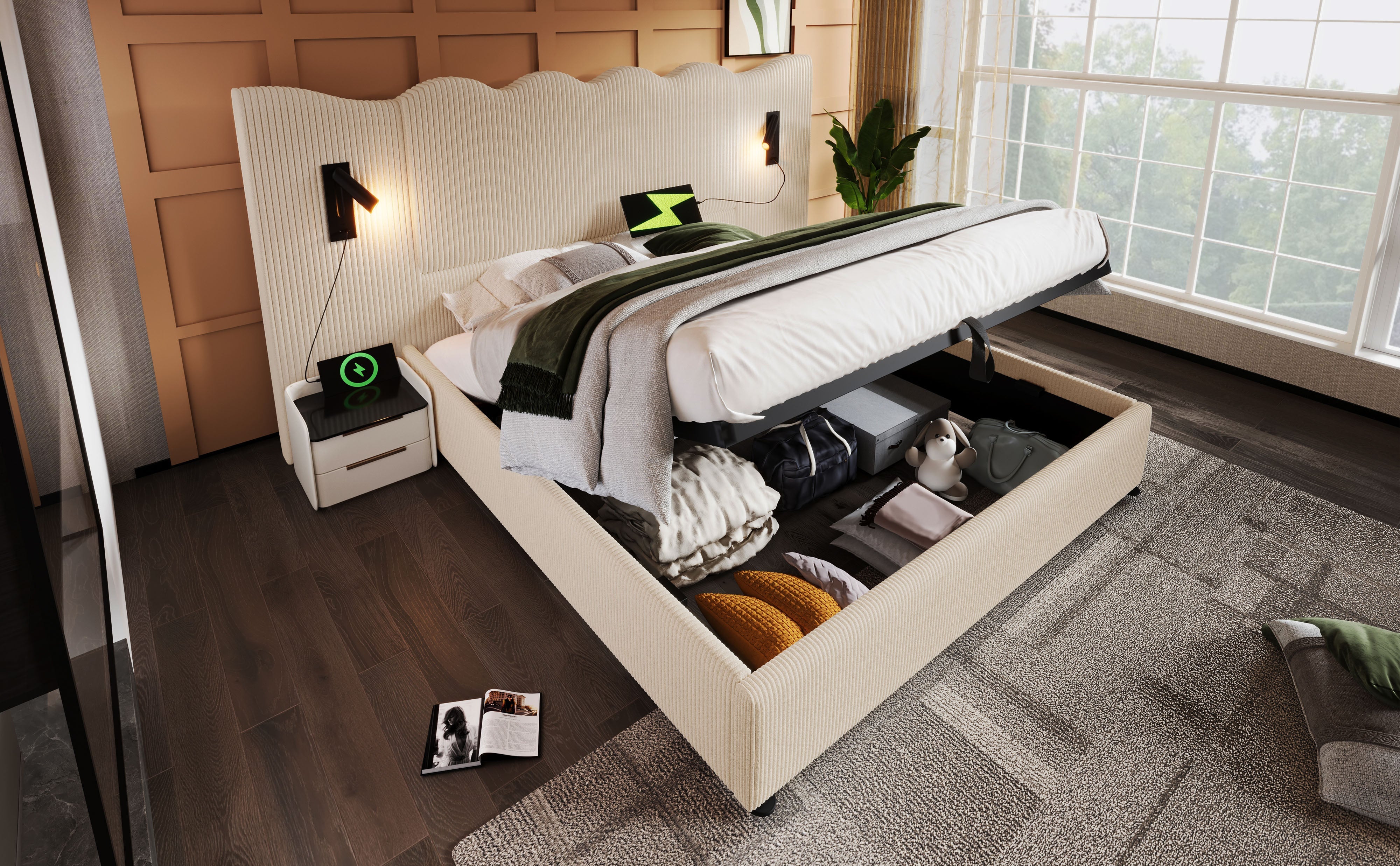 Logidon upholstered bed 160x200 beige with reading lamp USB charging function