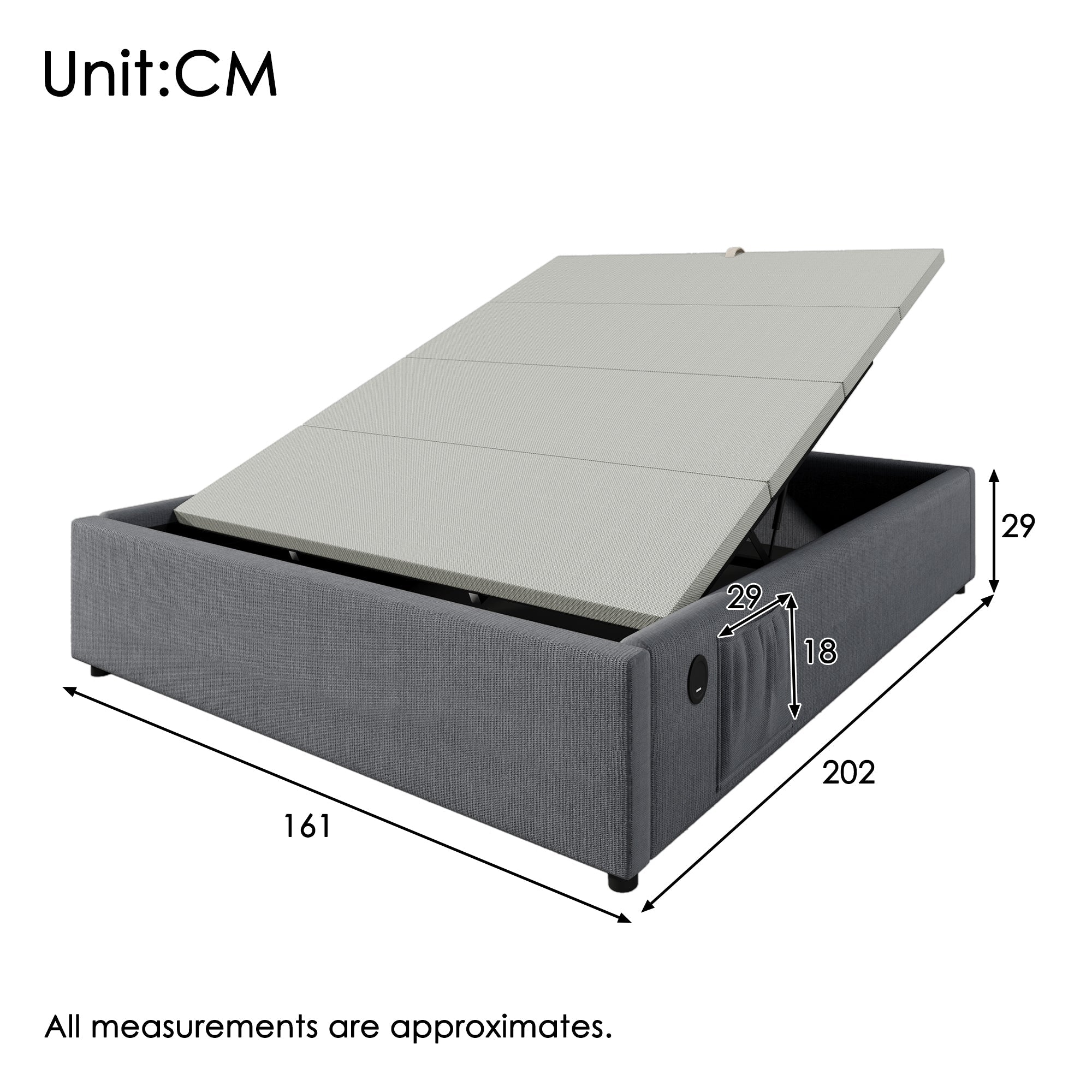 Logidon gestoffeerd bed 160x200 grijs met USB C en volledige lattenbodem