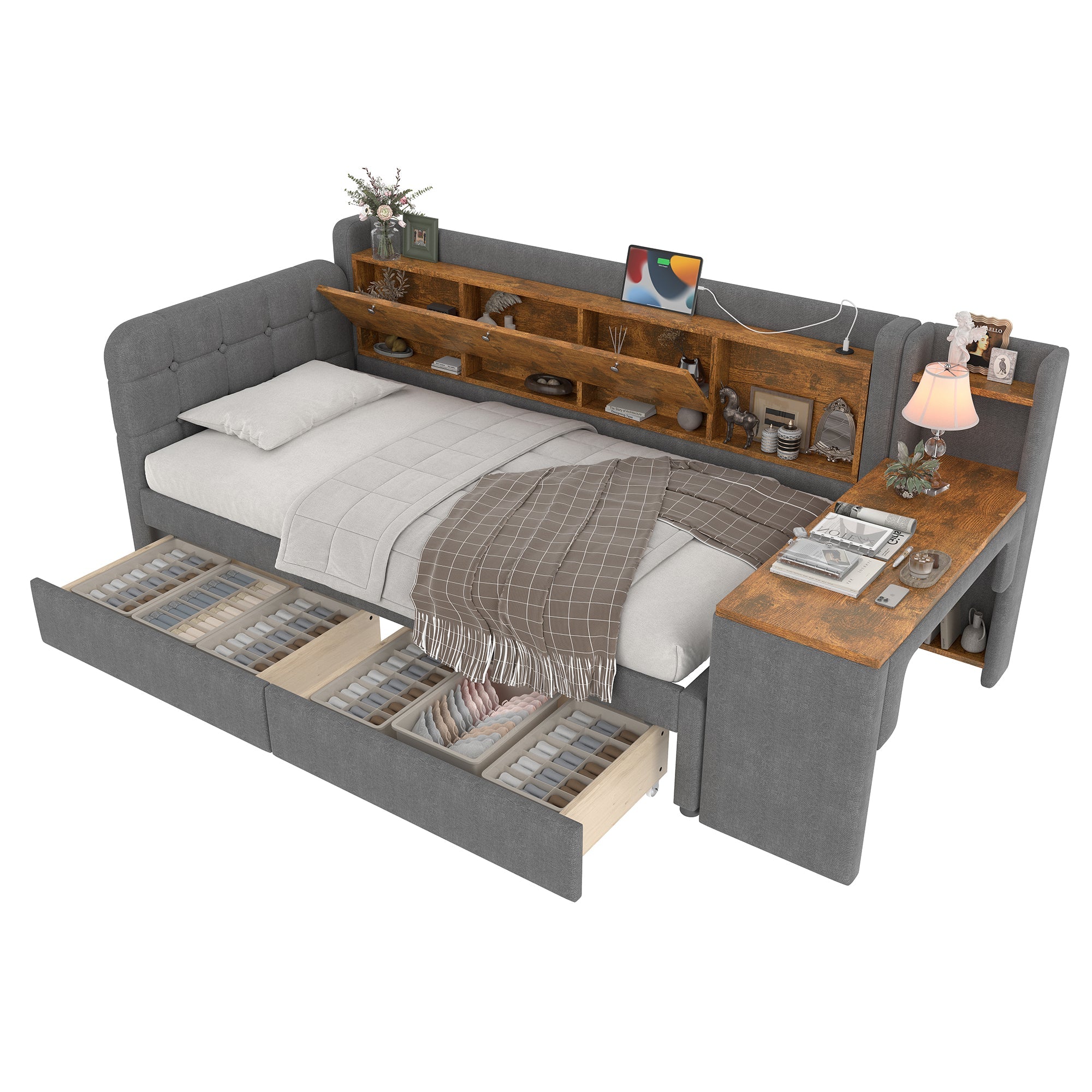 Logidon Daybed 90x200 cm slaapbank met bureau grijs USB Type C