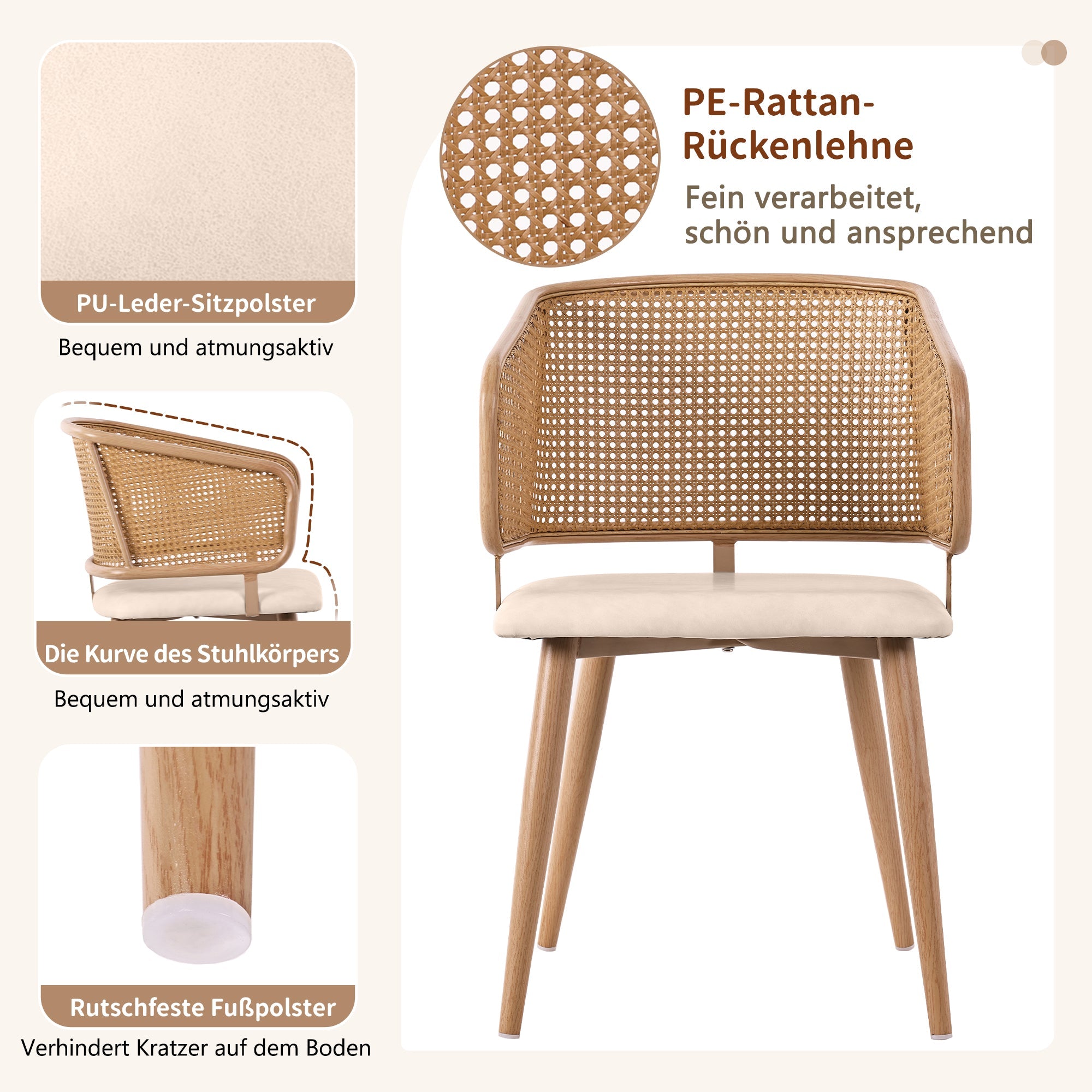 Logidon Set of 4 Dining Chairs Rattan Back PU Leather Beige Brown
