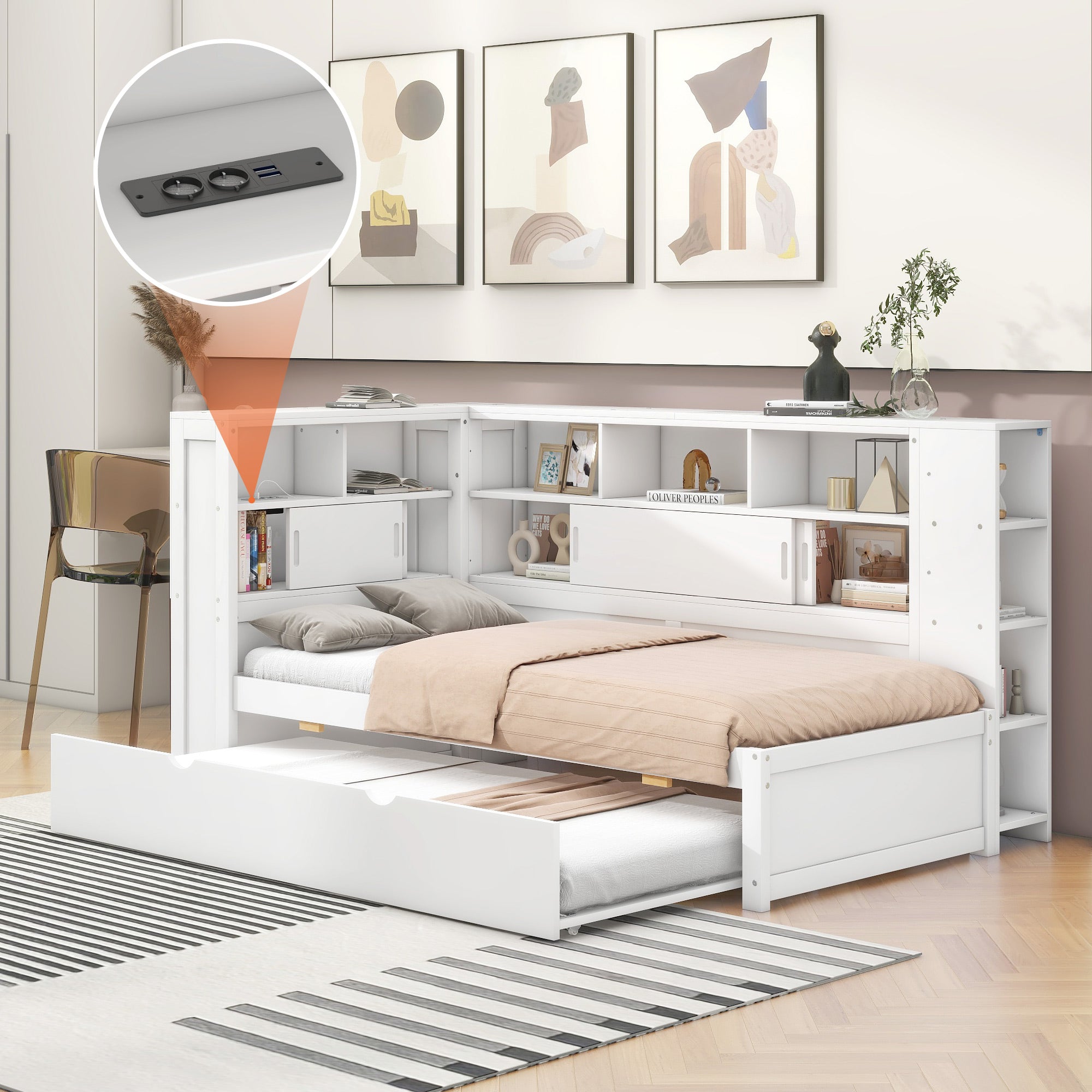 Logidon daybed 90x200cm wit met uitschuifbaar bed en USB opbergvak