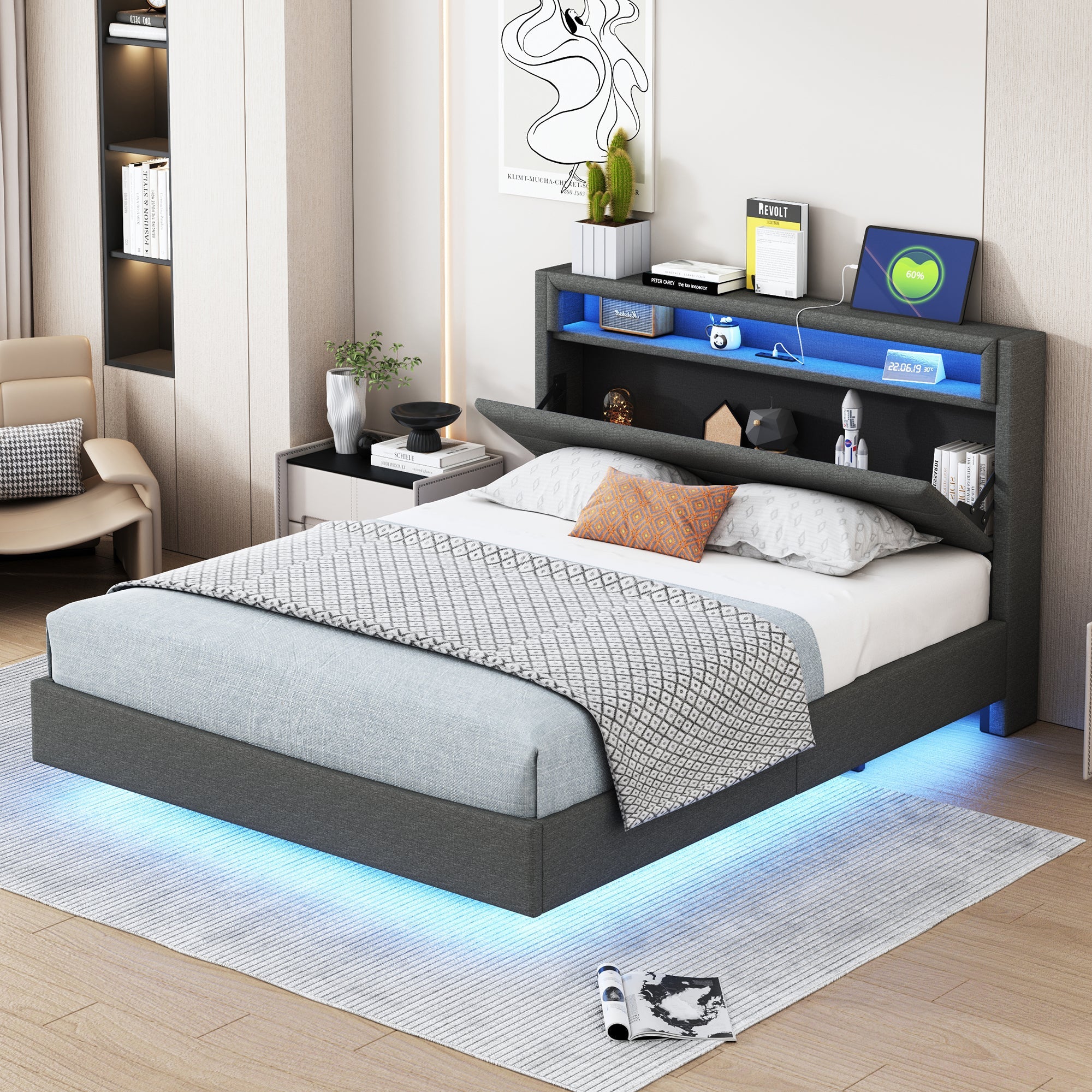 Logidon bed 140x200 cm grijs USB-aansluiting LED omkeerbaar hoofdeinde