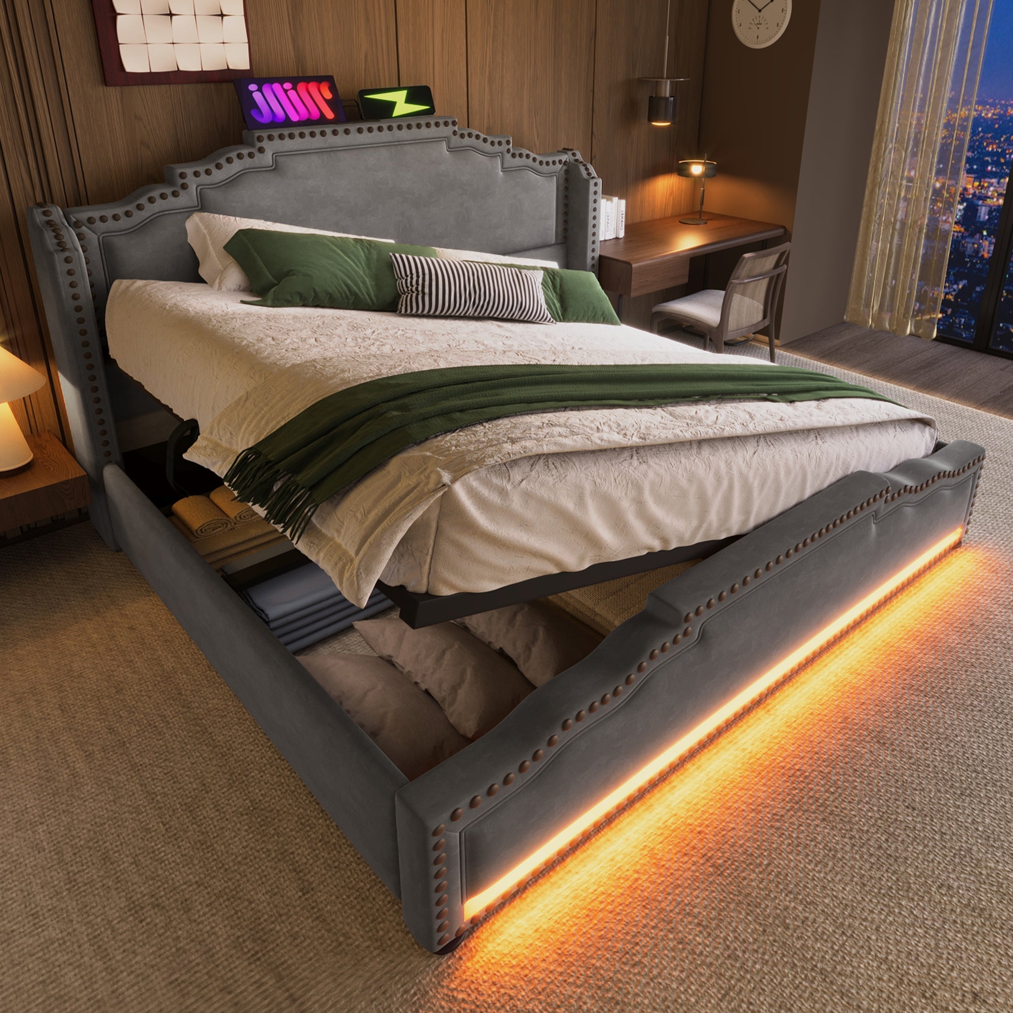 Logidon gestoffeerd bed 160x200 grijs fluweel met opbergruimte LED USB C
