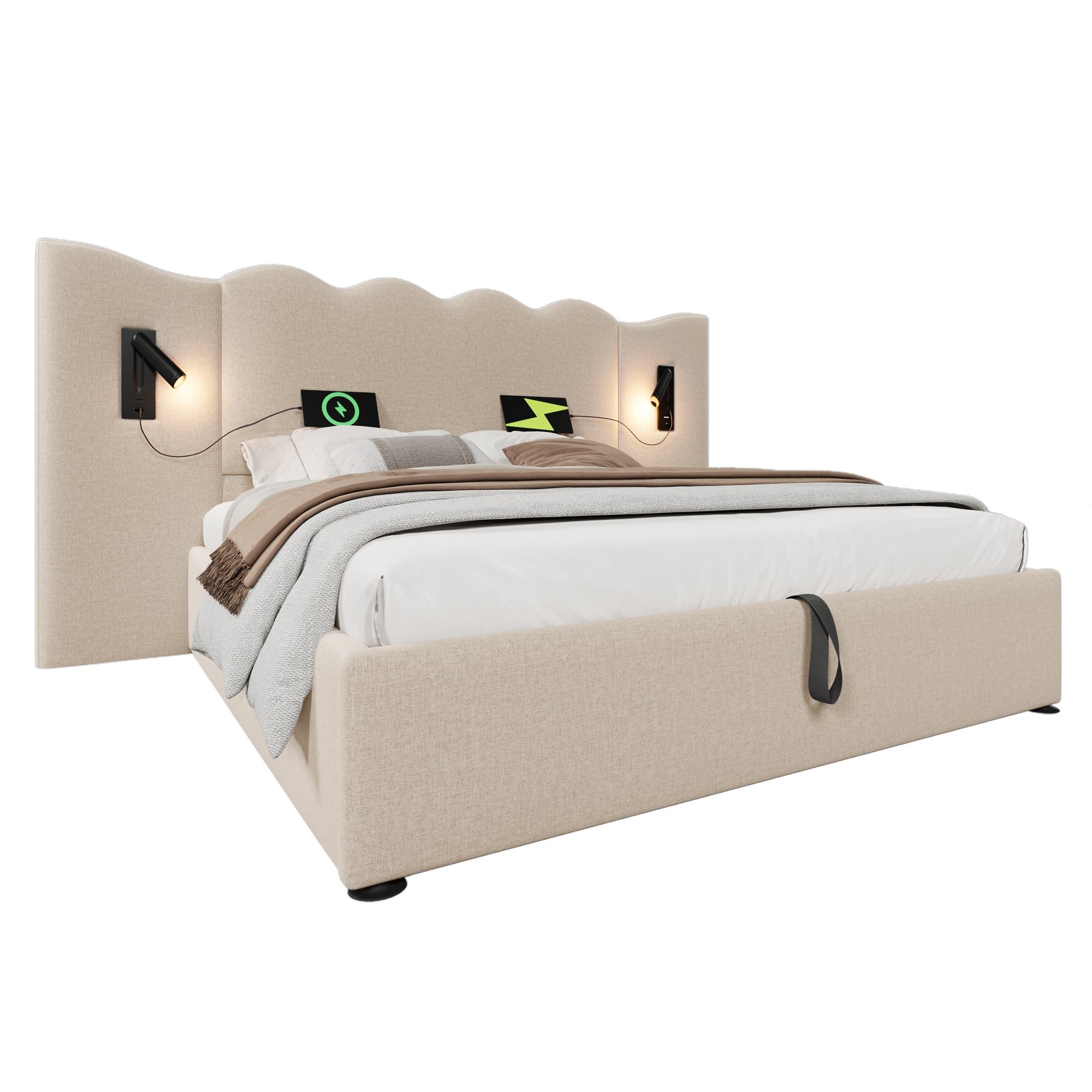 Logidon upholstered bed double bed 180x200 reading lamp USB C beige linen