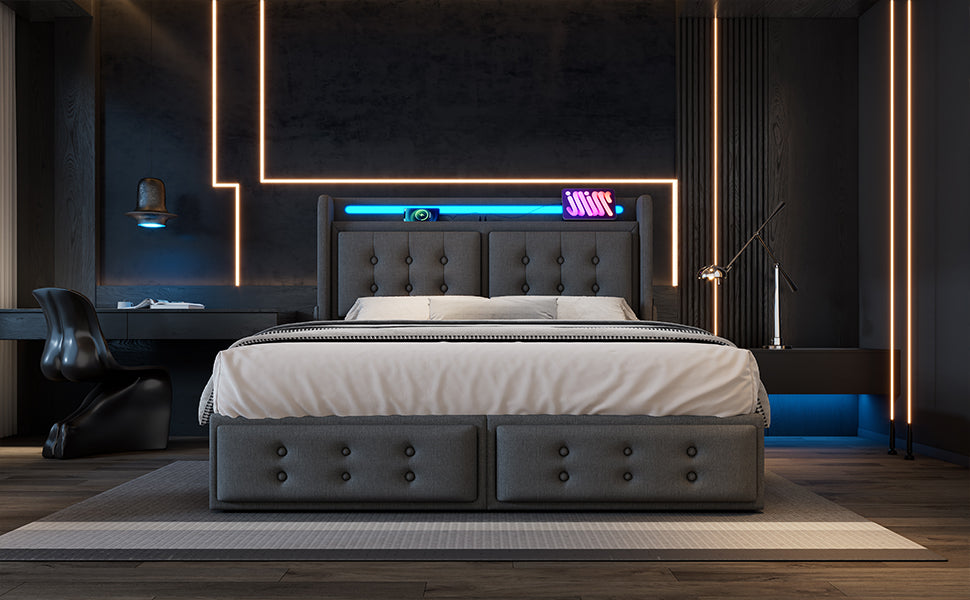 Logidon gestoffeerd bed 140x200 LED-hoofdeinde, USB-C, 4 laden, grijs
