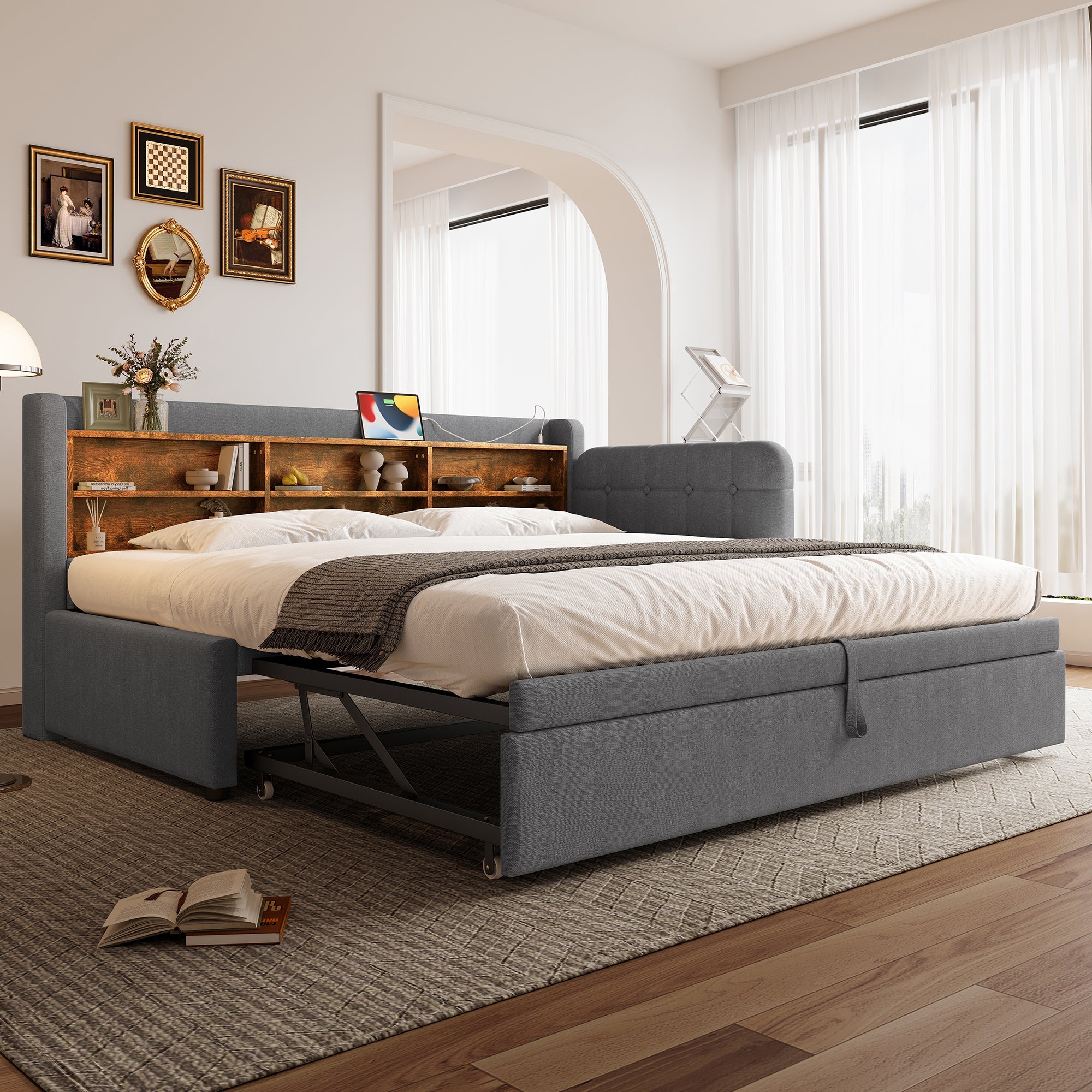 Logidon Daybed 90x200cm grijs linnen uitschuifbare slaapbank USB Type C