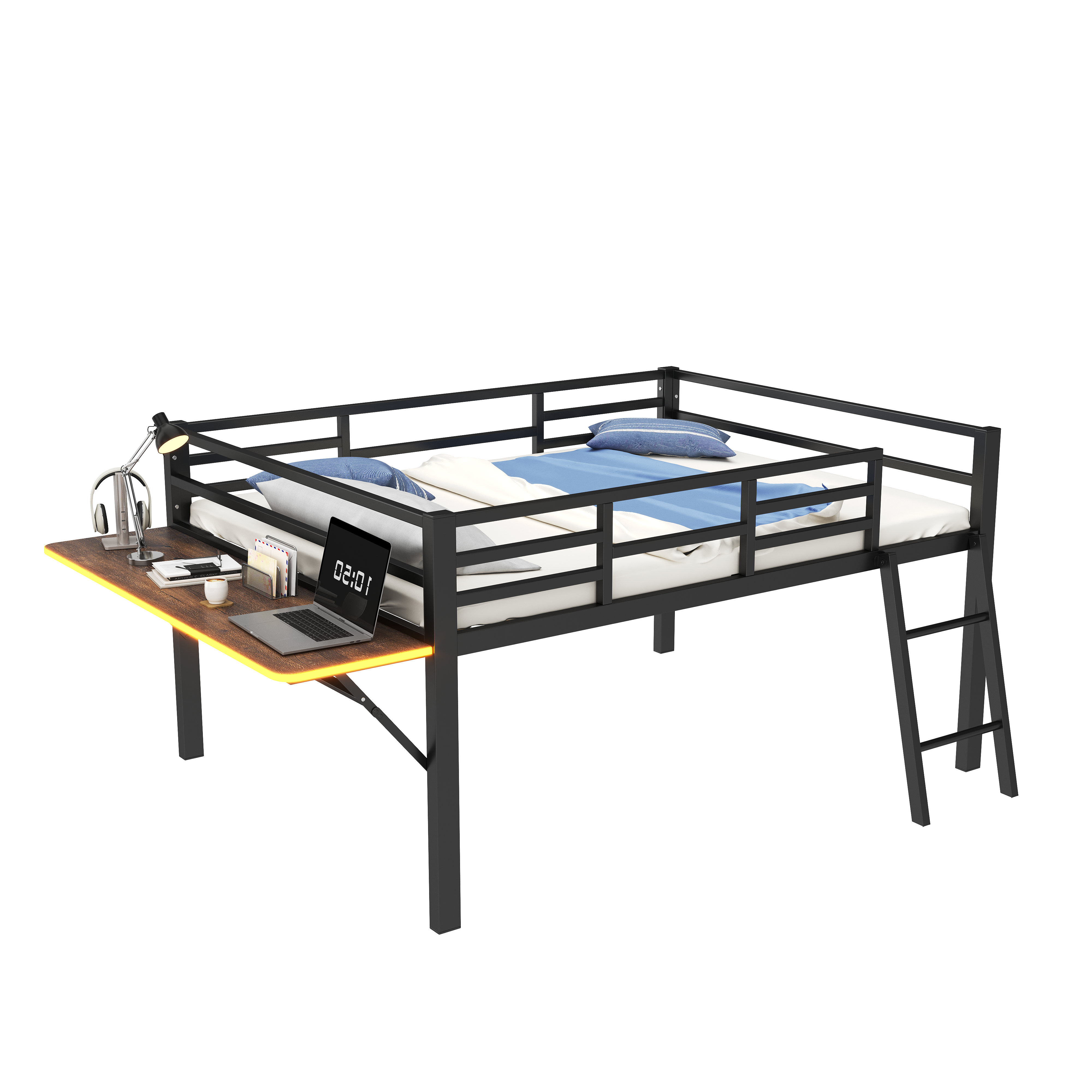 Logidon plat bed 140 x 200 cm metalen bed zwarte reling bureau