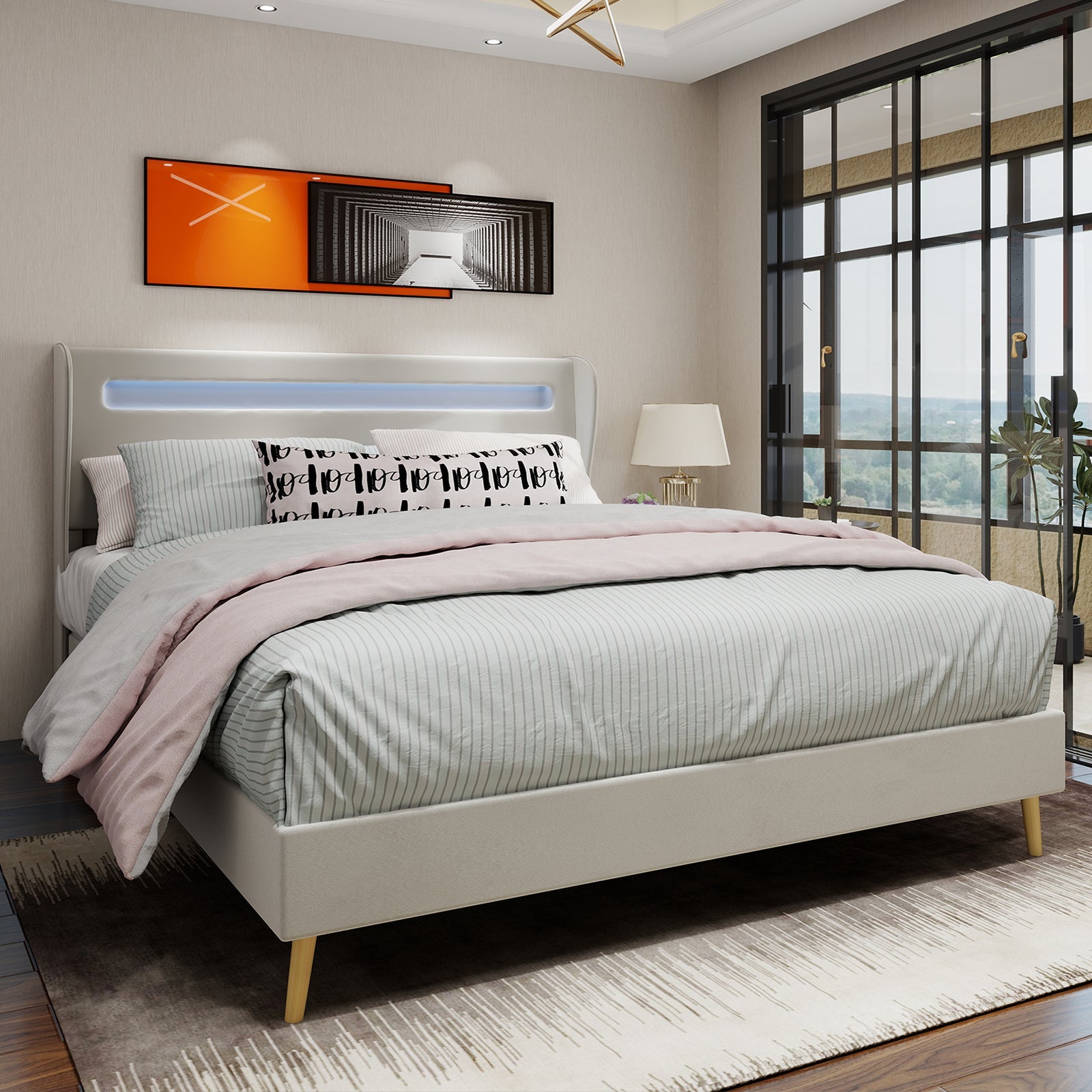 Logidon modern gestoffeerd bed beige 160x200 LED-hoofdeinde