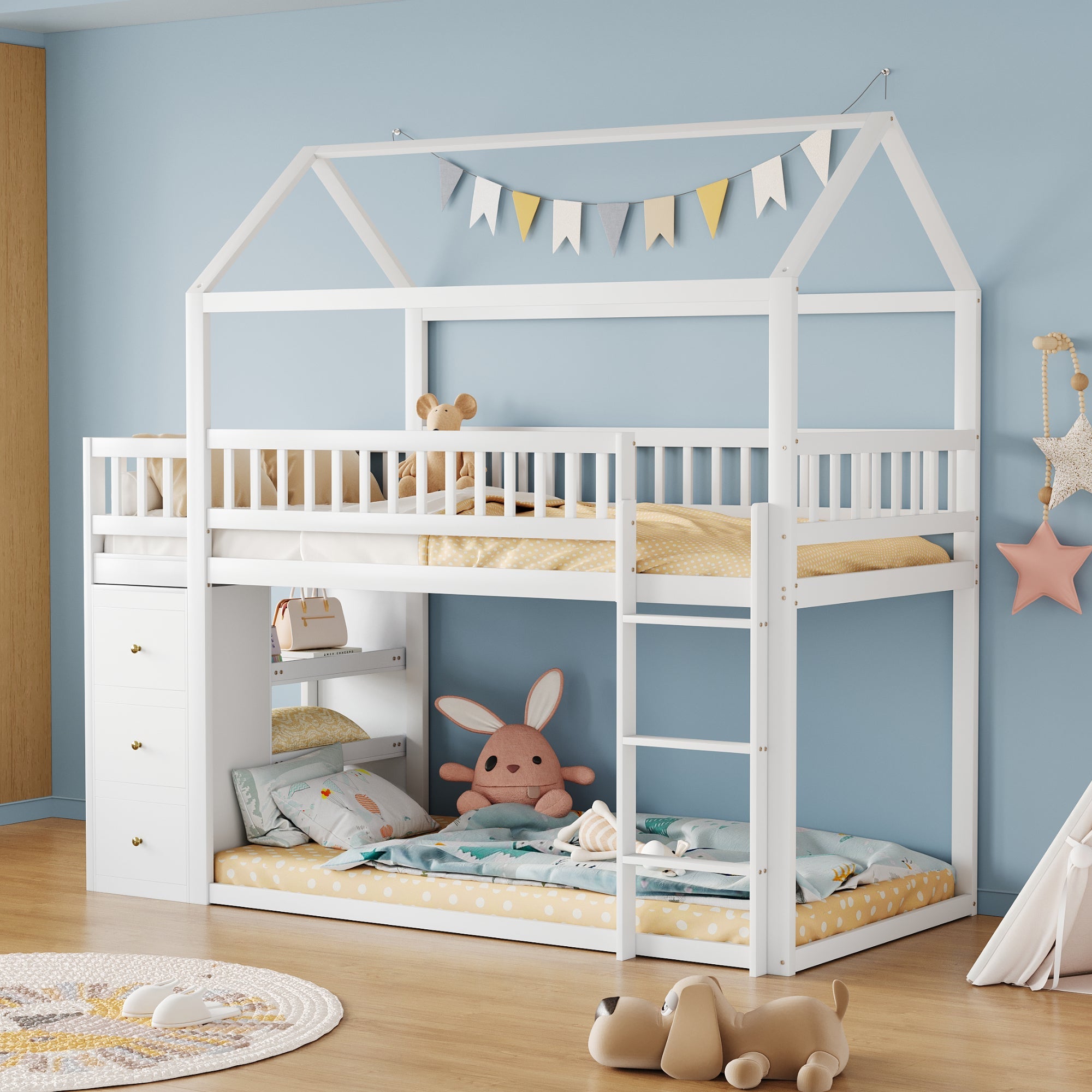 Logidon Bunk Bed 90x200 House Shape White With Security Fence Storage