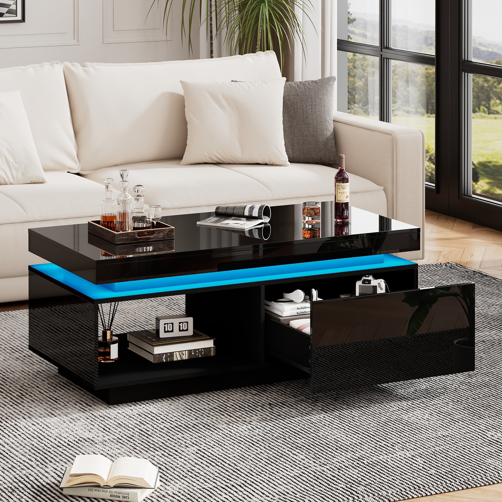 Logidon hoogglans salontafel zwart met LED verlichting 100x50x40 cm