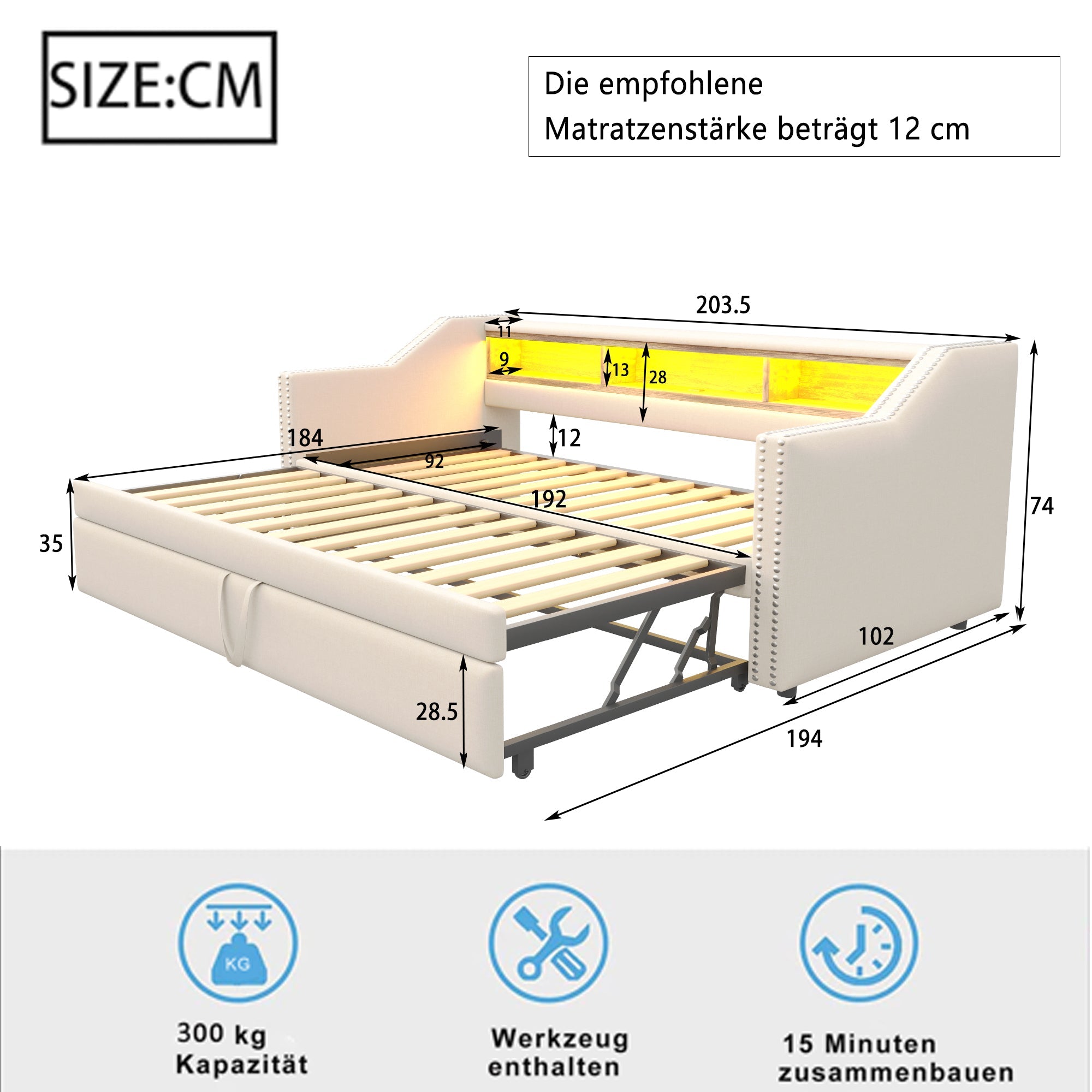 Logidon Upholstered Bed Extendable Sofa Bed 90/180 X 190 Beige Storage Compartment