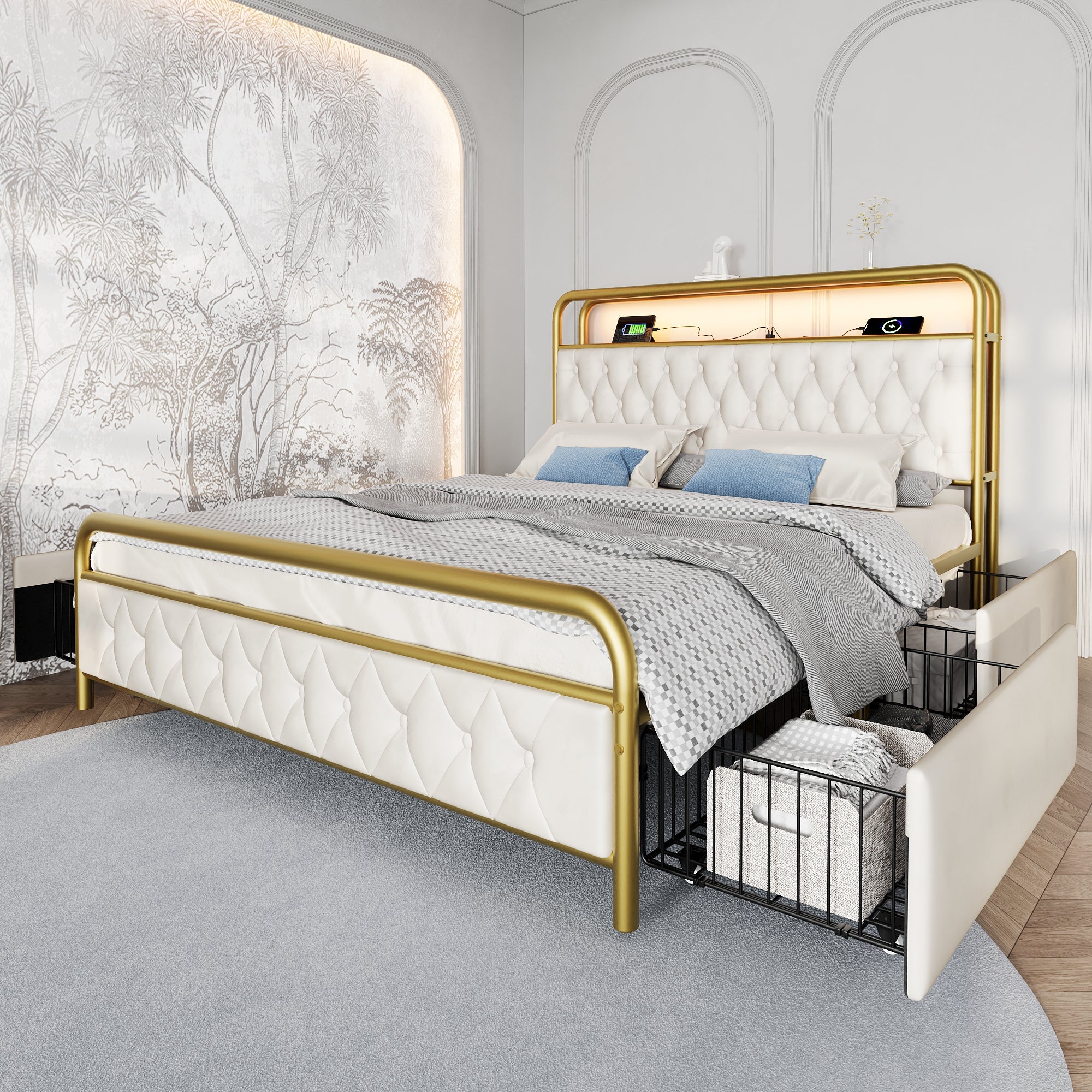 Logidon fluwelen gestoffeerd bed 160x200 wit USB Type C LED app oplaadfunctie