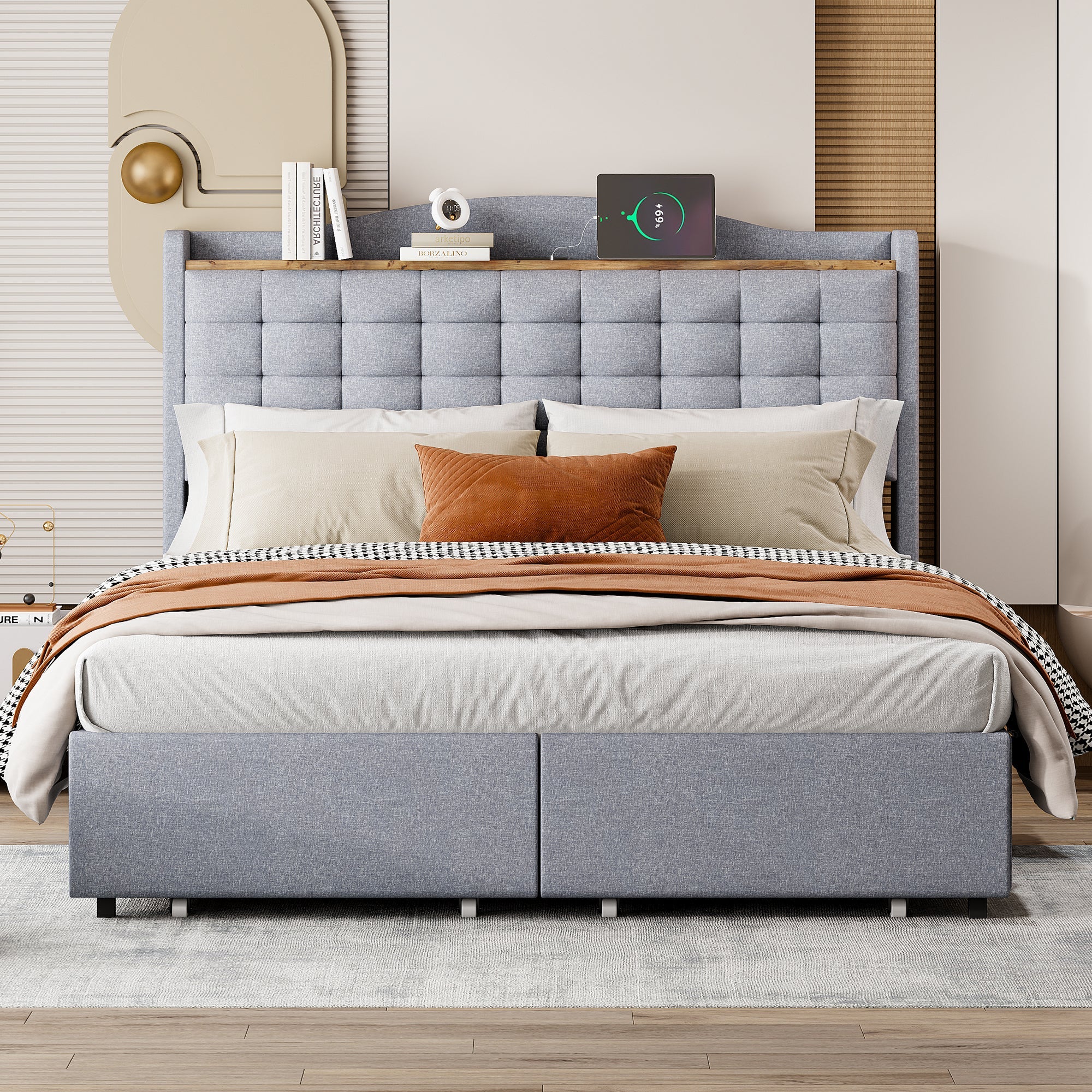 Logidon gestoffeerd bed 140x200 grijs linnen met USB-oplaadpoort
