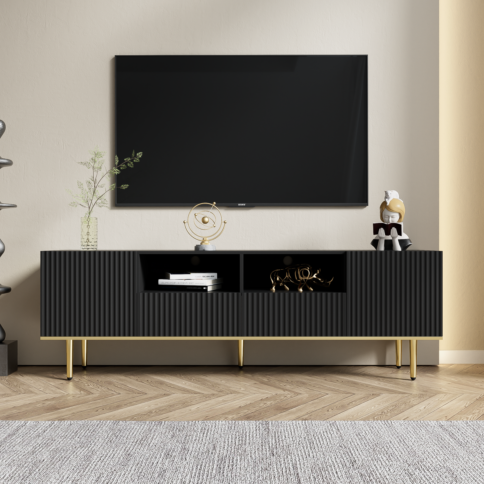 Logidon Modern TV-meubel 165 cm Zwart met Gouden Voeten en Rand