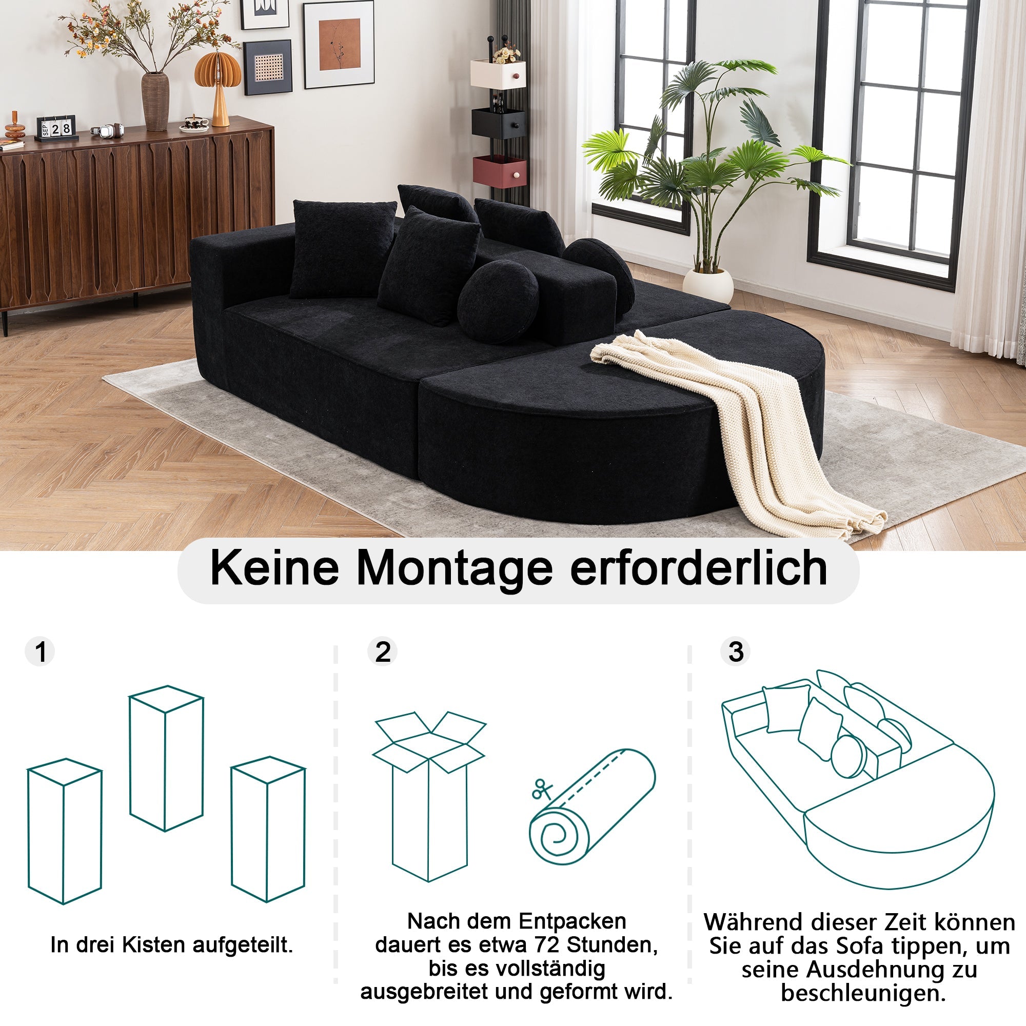 Logidon Cloud Bench Velvet Zwart Modulaire 5-zitsbank
