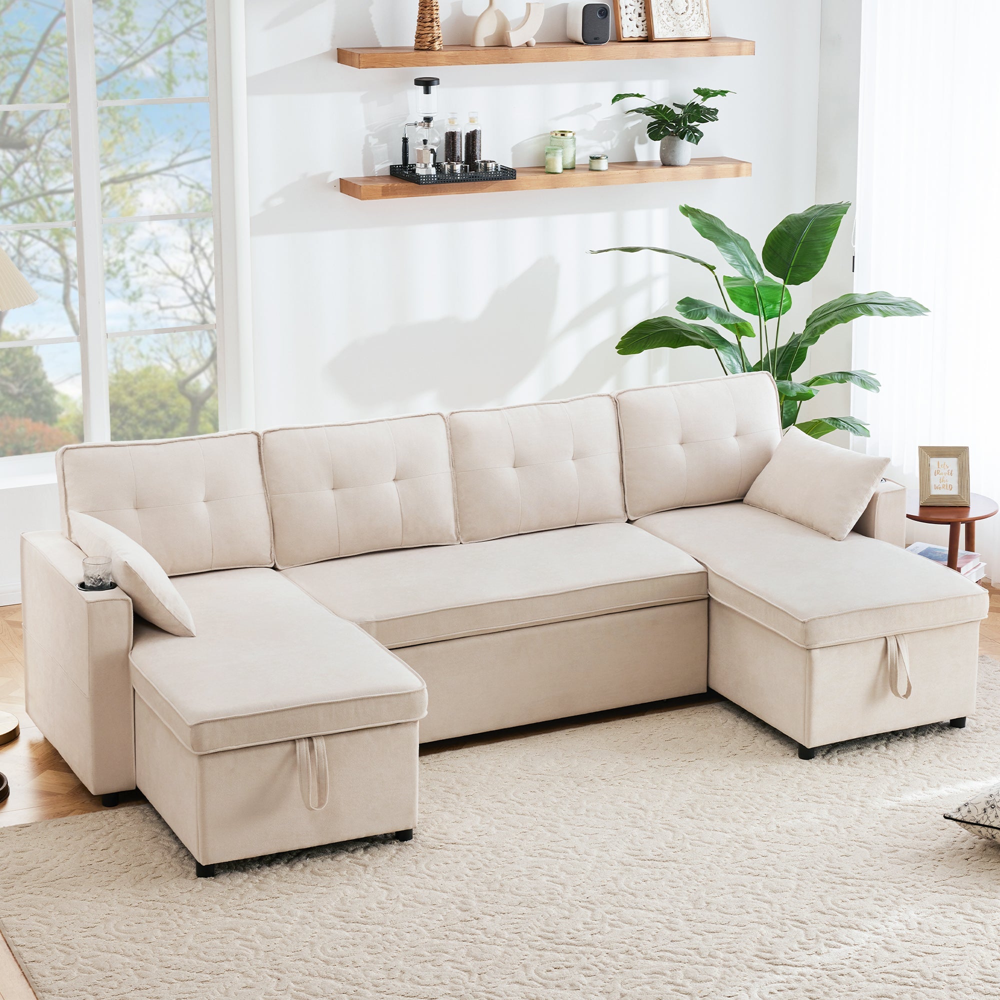 Logidon U-vormige slaapbank, beige stof, grote 4-zits bekerhouder