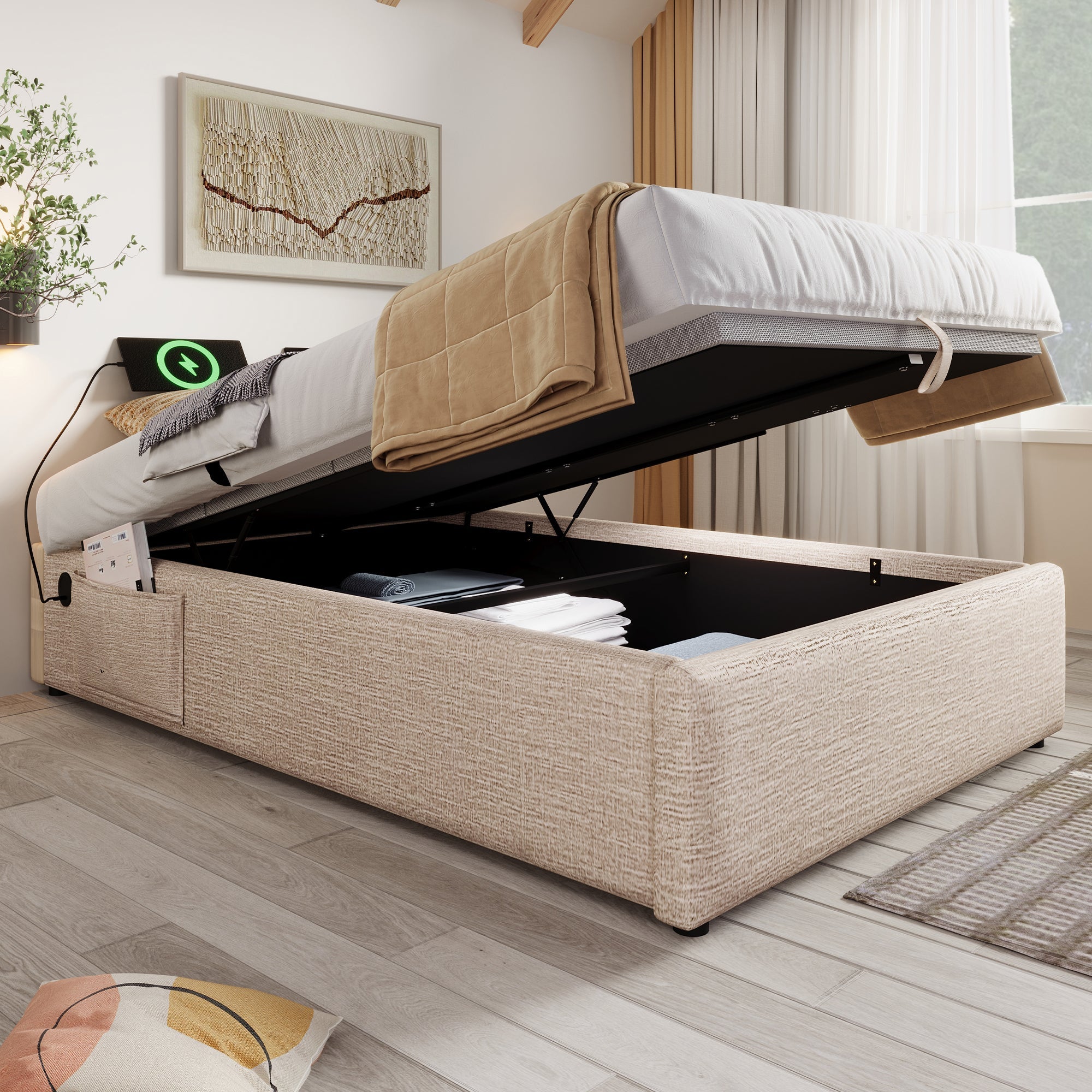 Logidon upholstered bed 90x190 beige USB C bed frame without headboard
