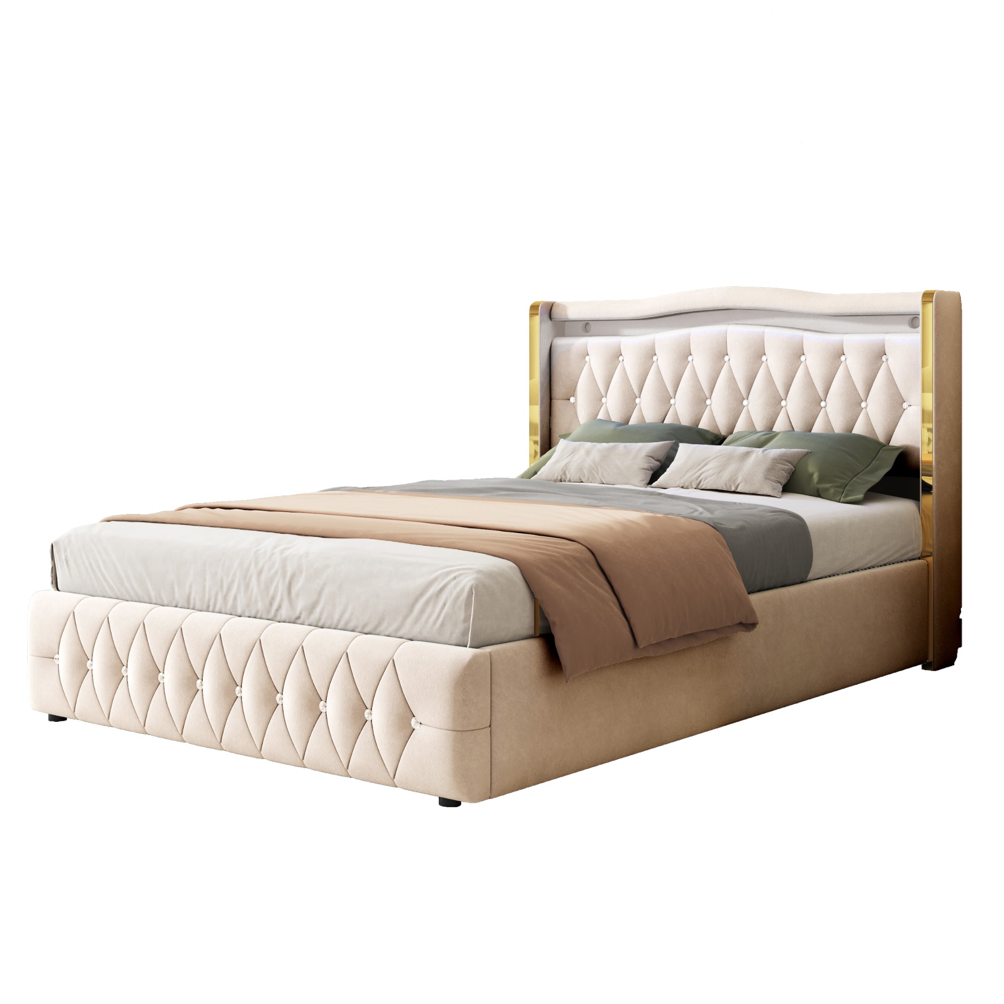 Logidon gestoffeerd bed 140x200 beige fluweel LED-verlichting hydraulisch