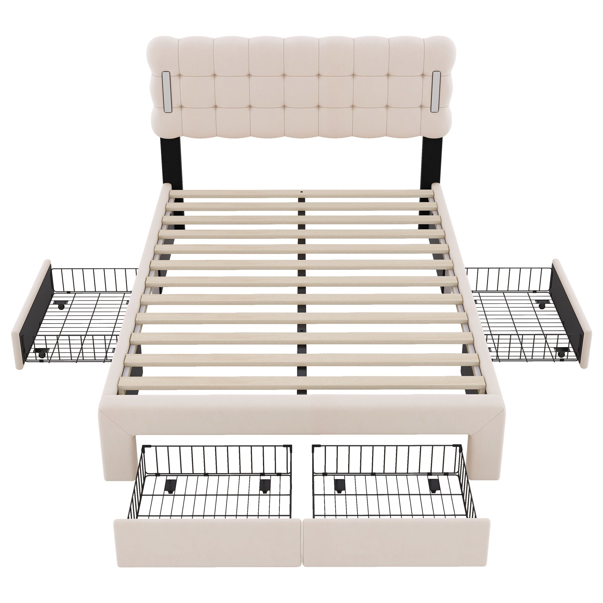 Logidon Flat Bed 140x200 Beige Velvet With Lighting And 4 Drawers