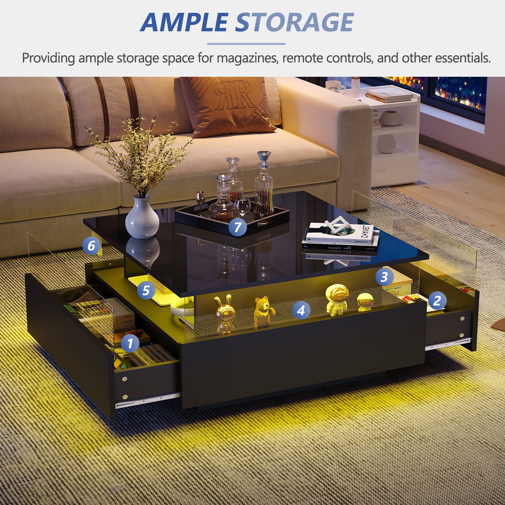 Logidon hoogglans LED salontafel 90x55x45 cm zwart 2 lades