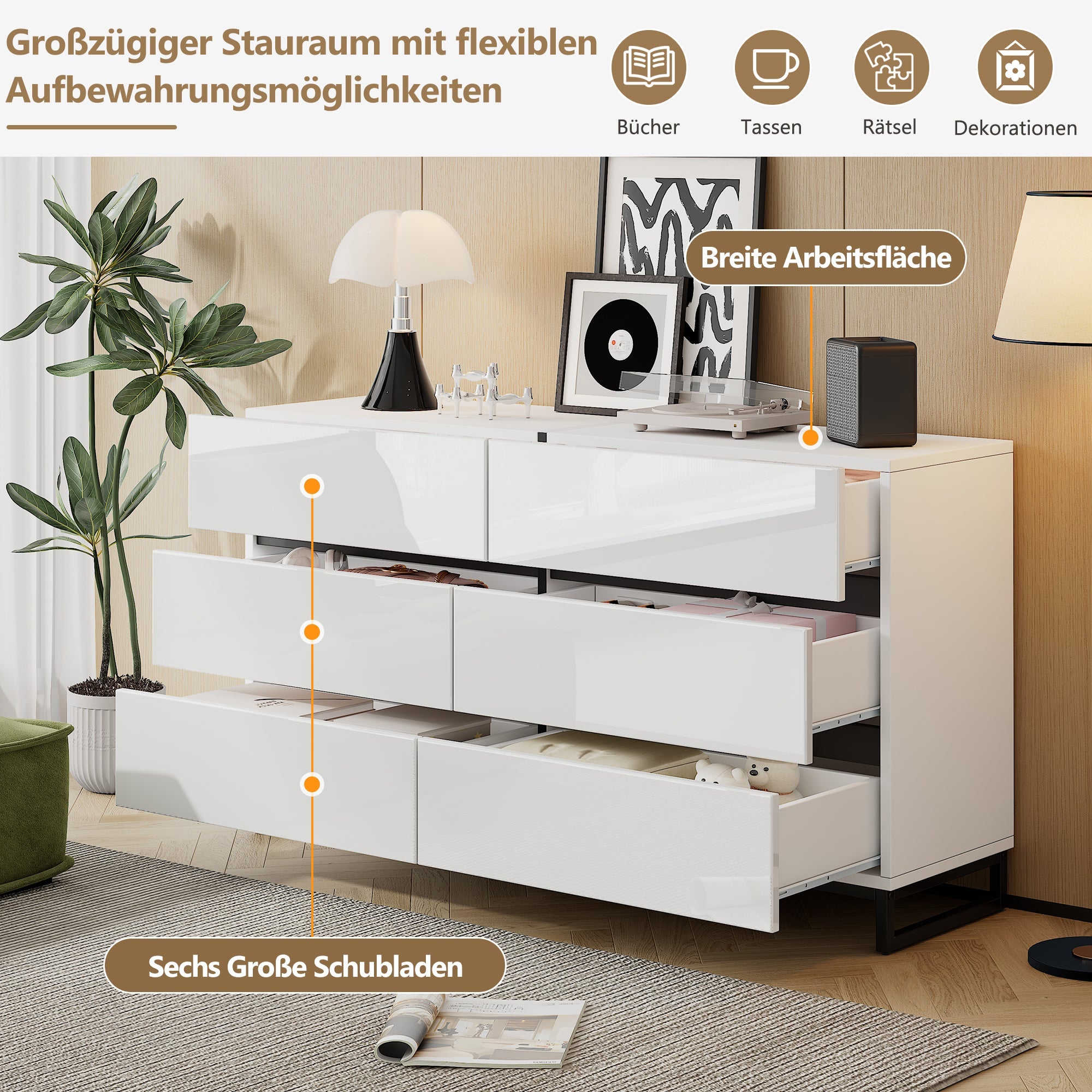Logidon dressoir 140 cm hoogglans wit zwart met 6 lades