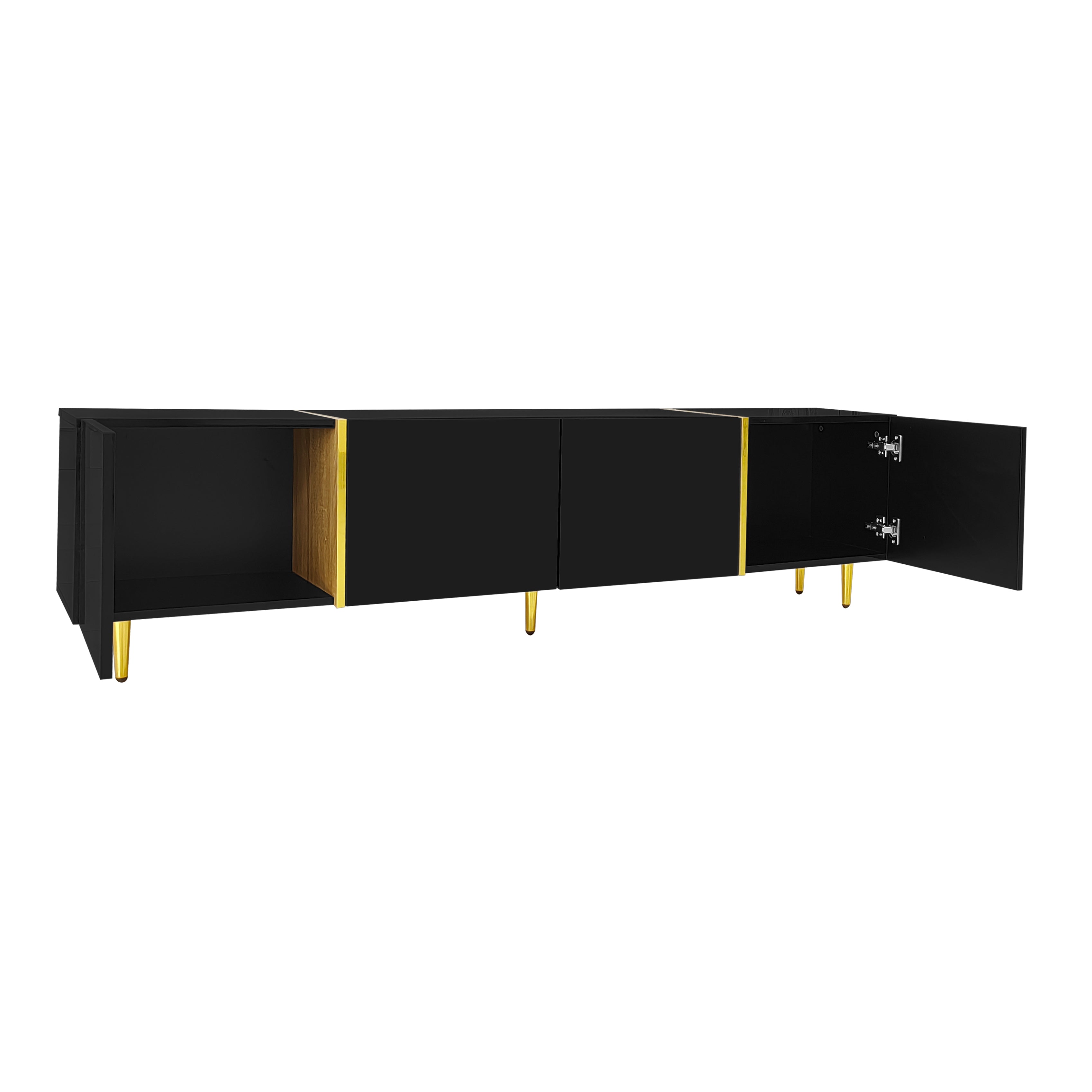 Logidon high-gloss TV cabinet 170 cm black-gold, 4 doors, modern