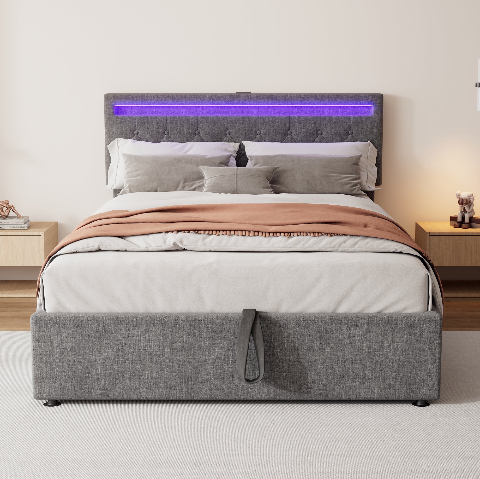 Logidon 140x200 cm gewatteerd bed met sfeerlichtopberger grijs