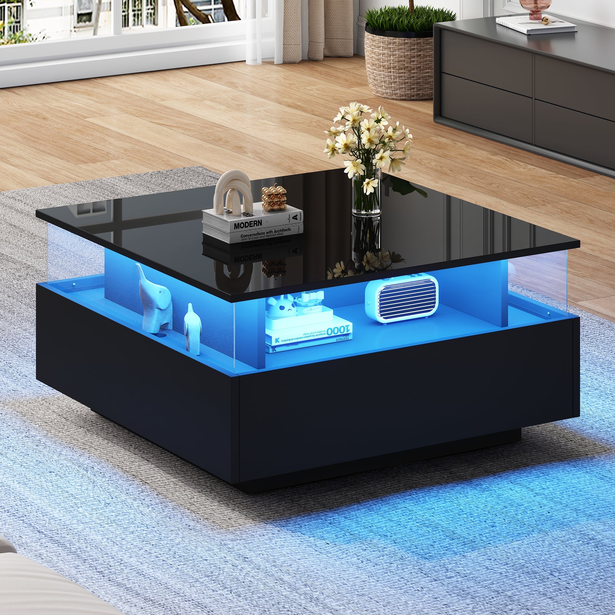 Logidon hoogglans LED salontafel 90x55x45 cm zwart 2 lades