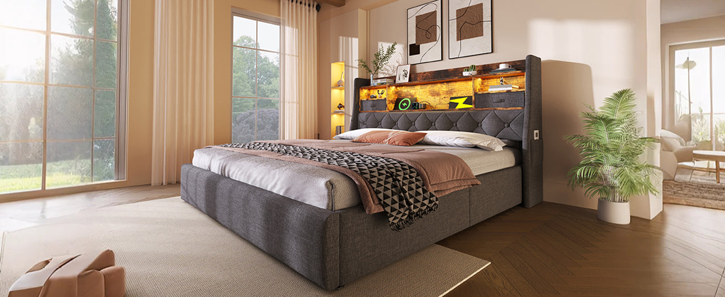 Logidon gestoffeerd bed 160x200 cm met opbergruimte, LED-hoofdbord, USB-C