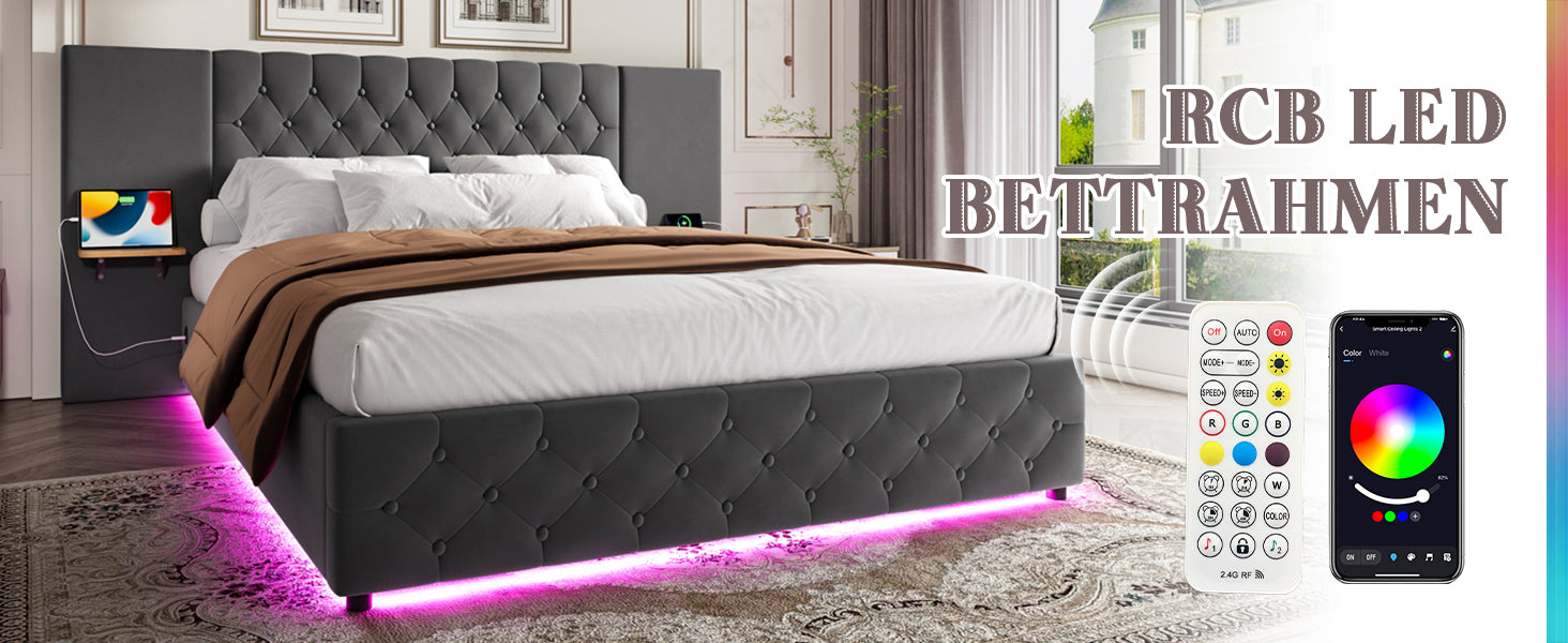 Logidon bedframe 140x200 cm grijs fluweel breed hoofdbord LED