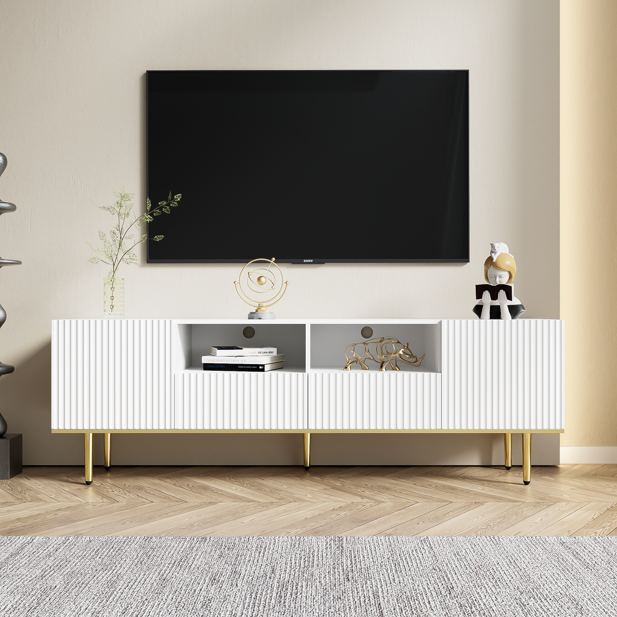 Logidon Modern tv-meubel wit met gouden poten en gouden bies