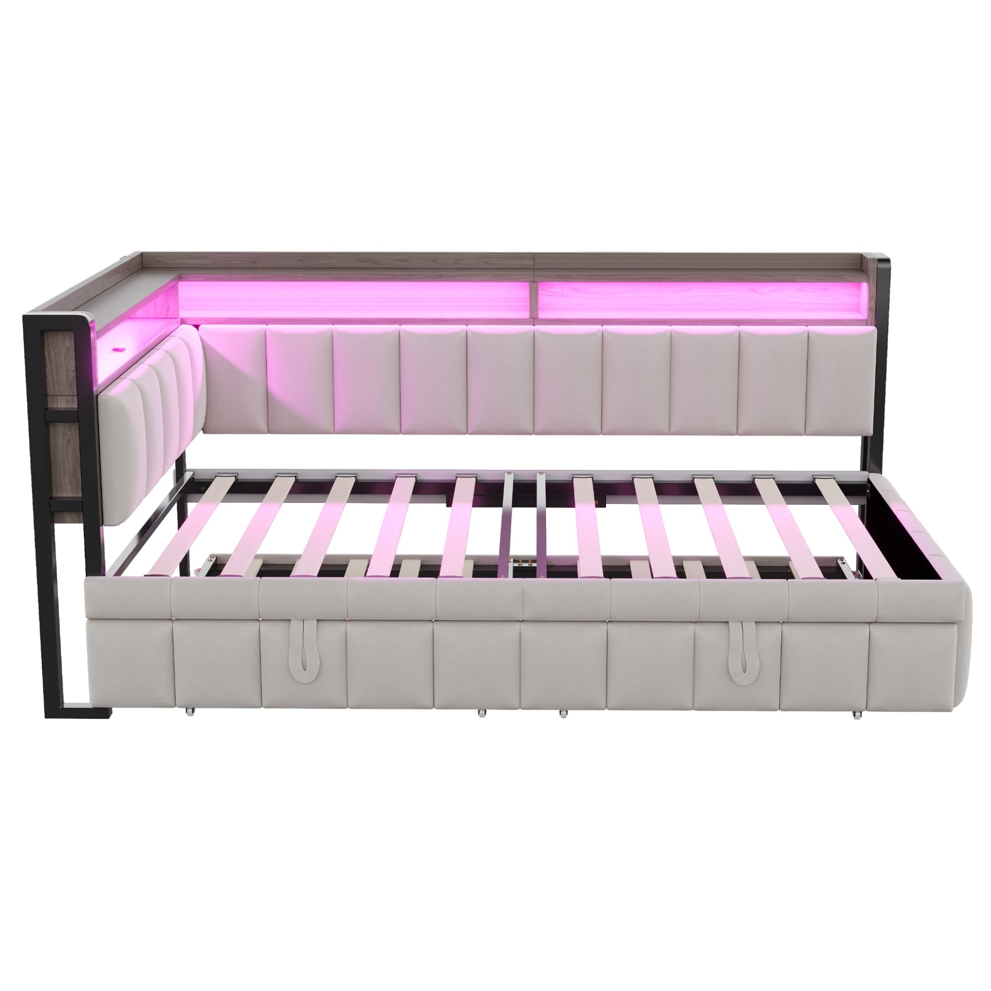 Logidon slaapbank gestoffeerd bed 90x200cm lichtgrijs uitschuifbaar LED USB