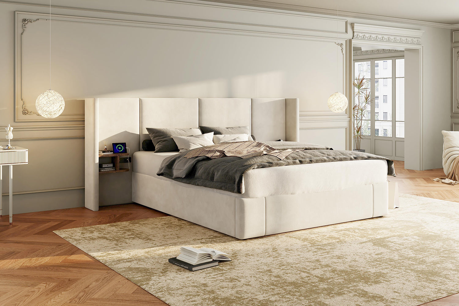 Logidon gestoffeerd bed 160x200 beige fluweel met USB-aansluitingen opbergruimte
