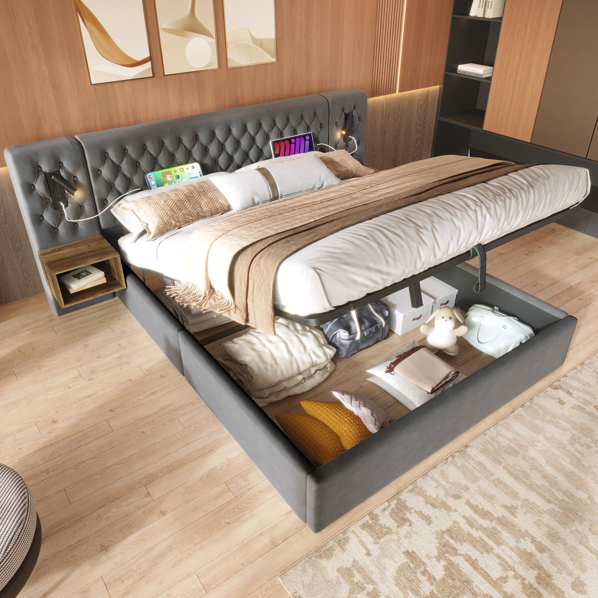 Logidon bed system hydraulic storage bed 160x200 cm gray velvet