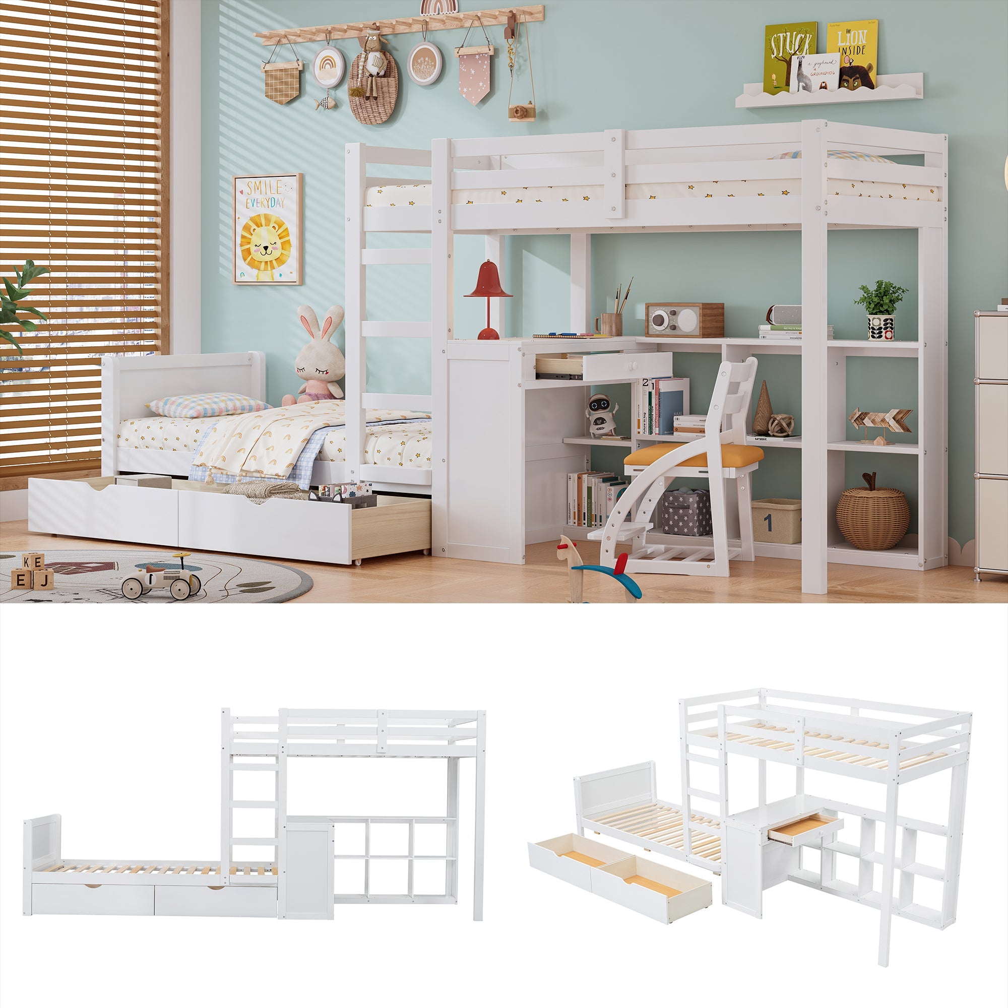 Logidon stapelbed 90x200 cm witte drietrapsladder met bureau