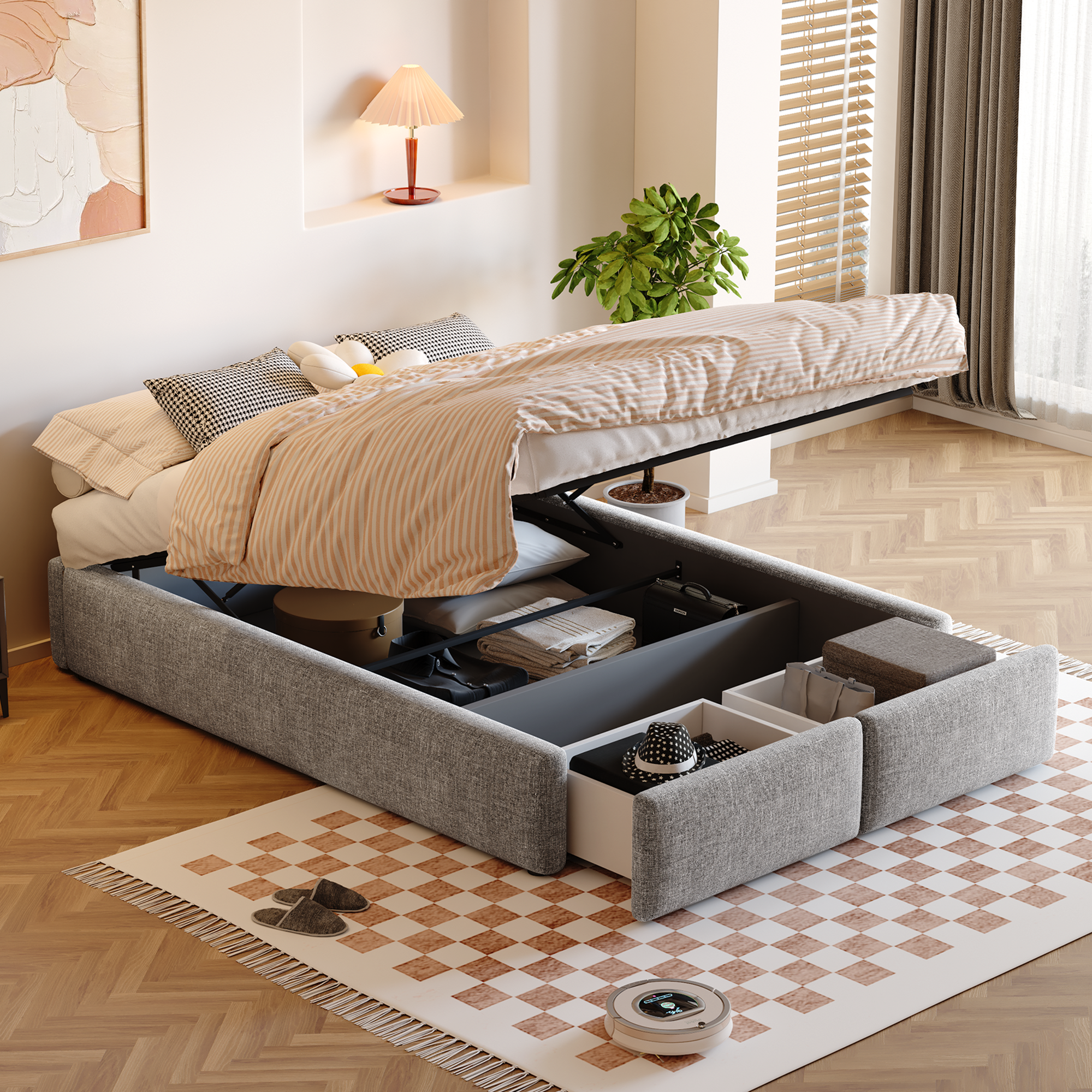 Logidon gestoffeerd bed 140x200 grijs hydraulische opbergruimte 2 lades