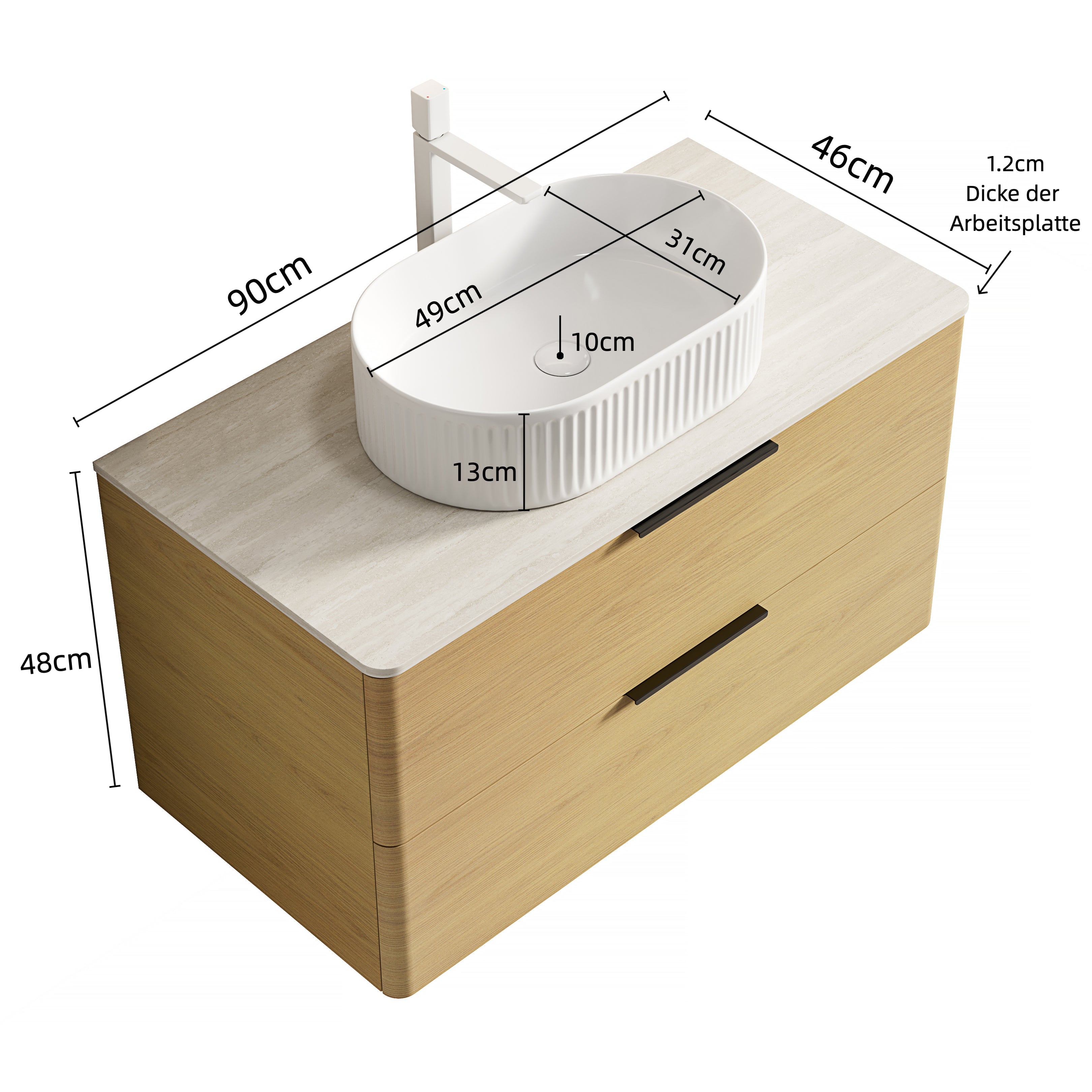 Logidon 90 cm zwevende badkamerijdelheid ovale wastafel travertin blad