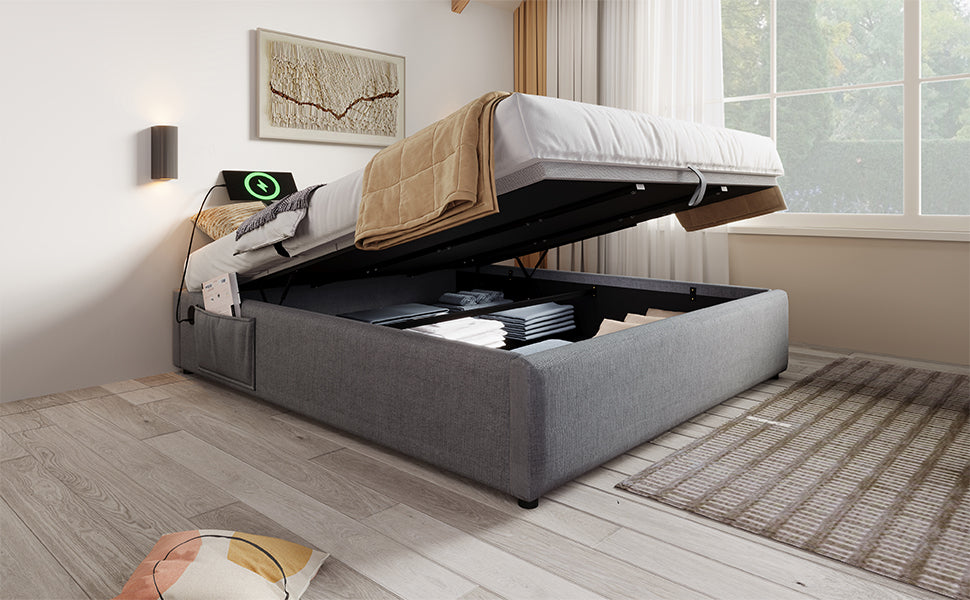 Logidon upholstered bed 160x200 gray with USB C and full-surface slatted frame