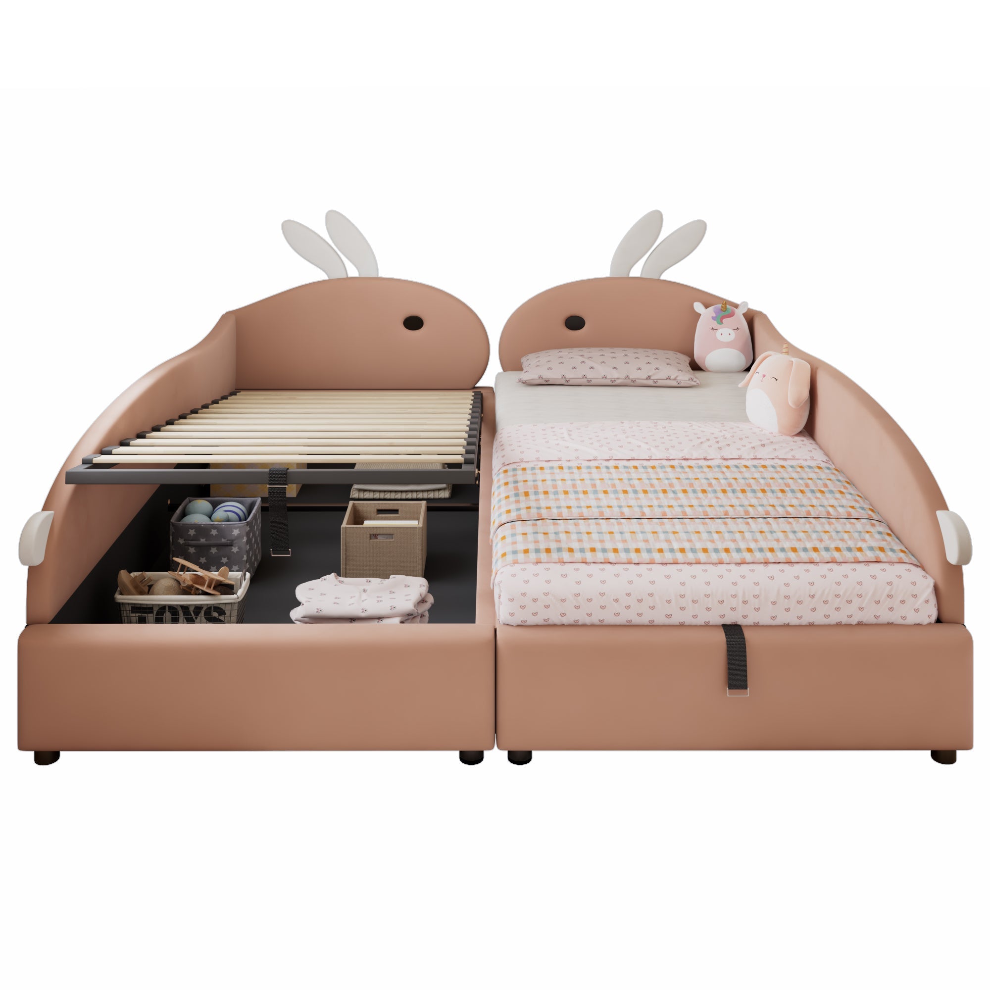 Logidon gestoffeerd bed 90x200 cm roze fluwelen konijn hoofdbord met opbergruimte